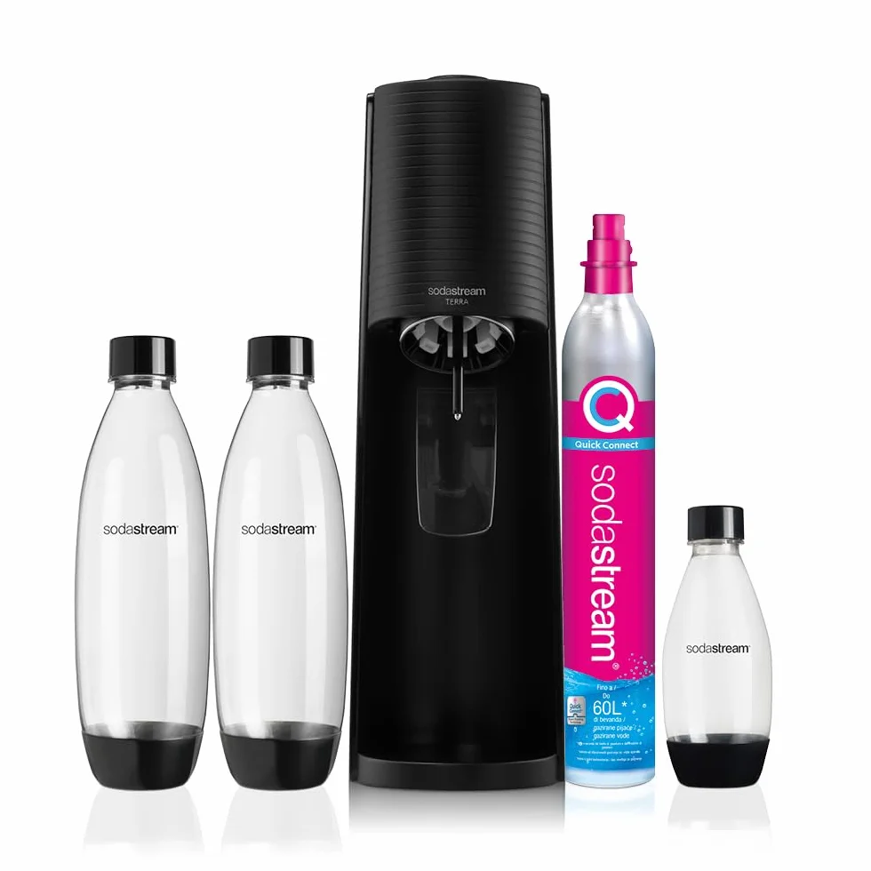 SodaStream Gasador de agua Terra, incluye cilindro de Co2 para realizar hasta 60 litros de agua con gas, incluye dos botellas de 1 l y una botella de 0,5 l aptas para lavavajillas, color negro