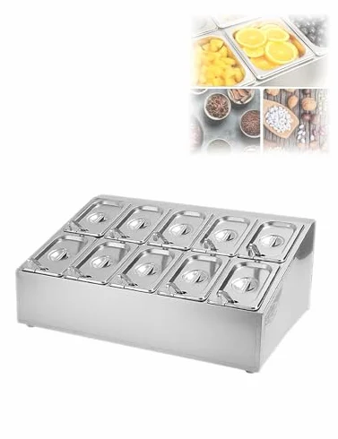 Recipientes de condimentos para ensaladas y frutas, dispensador de especias inclinado con sartenes y tapas, compatible con cubitos de hielo