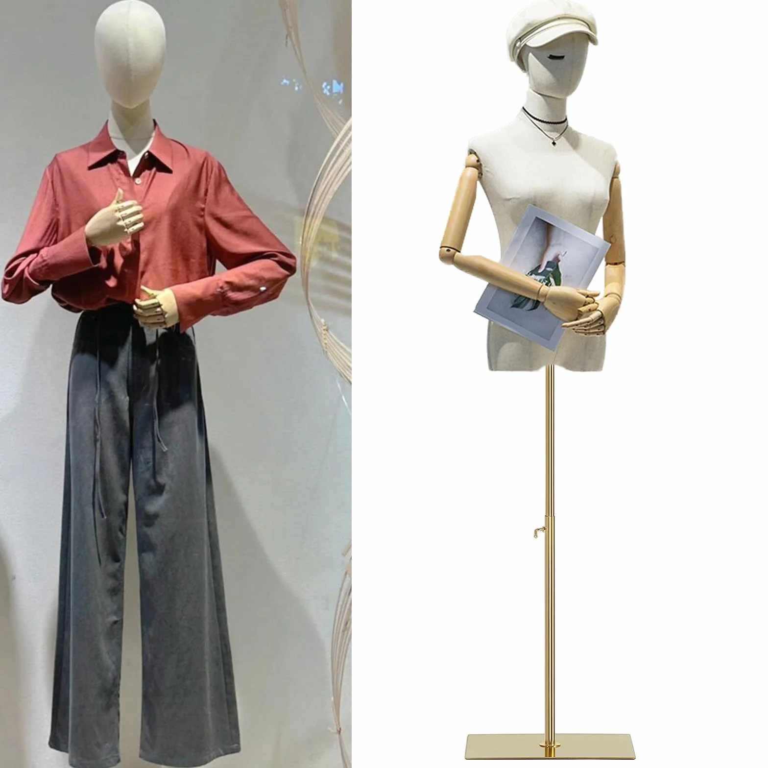 Jueraori Maniqui Costura Mujer, Maniquies Torso con Brazos De Madera Cabeza Desmontable, Ropa Dummy Mostrar Soporte para Maniquí, Ajustable Altura 140-190cm ( Color : Gold , Tamaño : M )