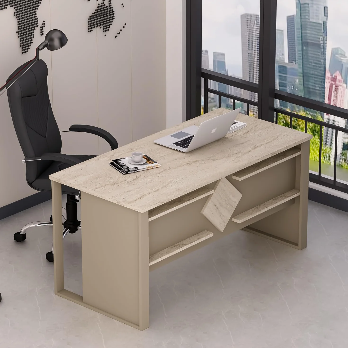 Homidea BOSS Escritorio 150 x 72 x 75,6 cm – Mesa de oficina moderna para oficina en casa o estudio (beige travertino)