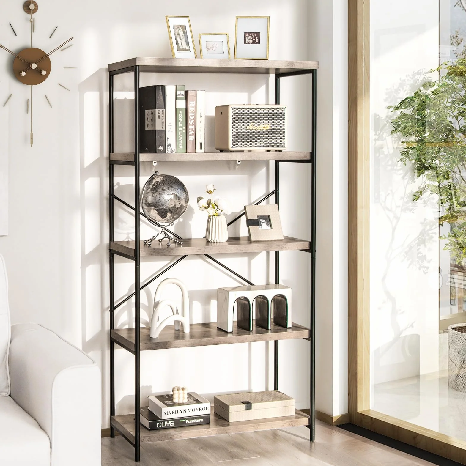 HOMASIS Librería con 5 niveles, estantería independiente con estructura metálica, cada estante puede soportar hasta 20 kg, para salón, dormitorio, estudio, 79 x 35 x 160 cm, diseño industrial (Gris)