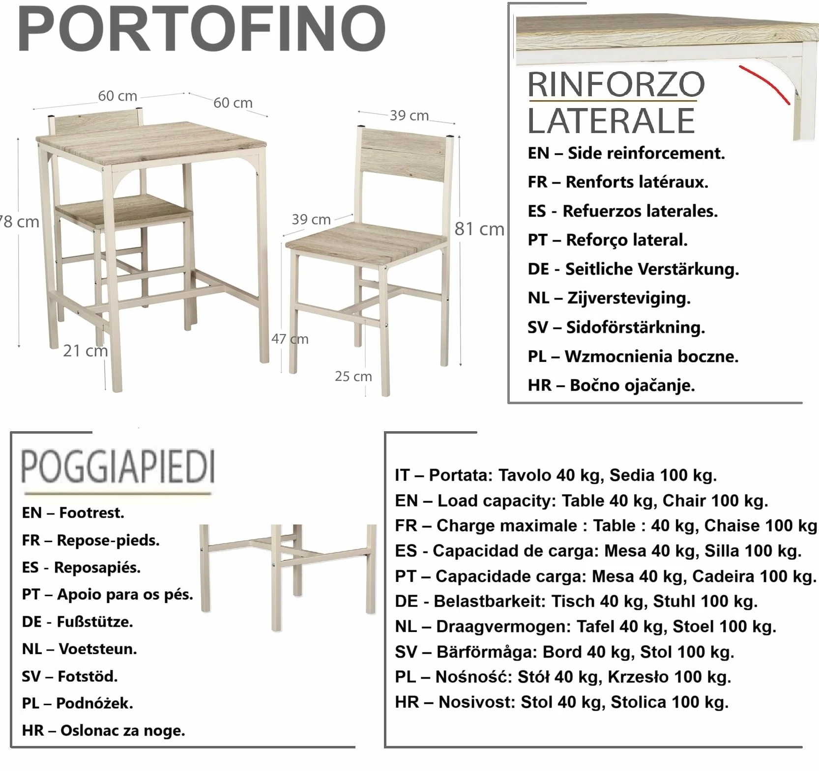 YELLOO Mod. PORTOFINO Set Mesa Bar con 4 sillas Beige Cocina