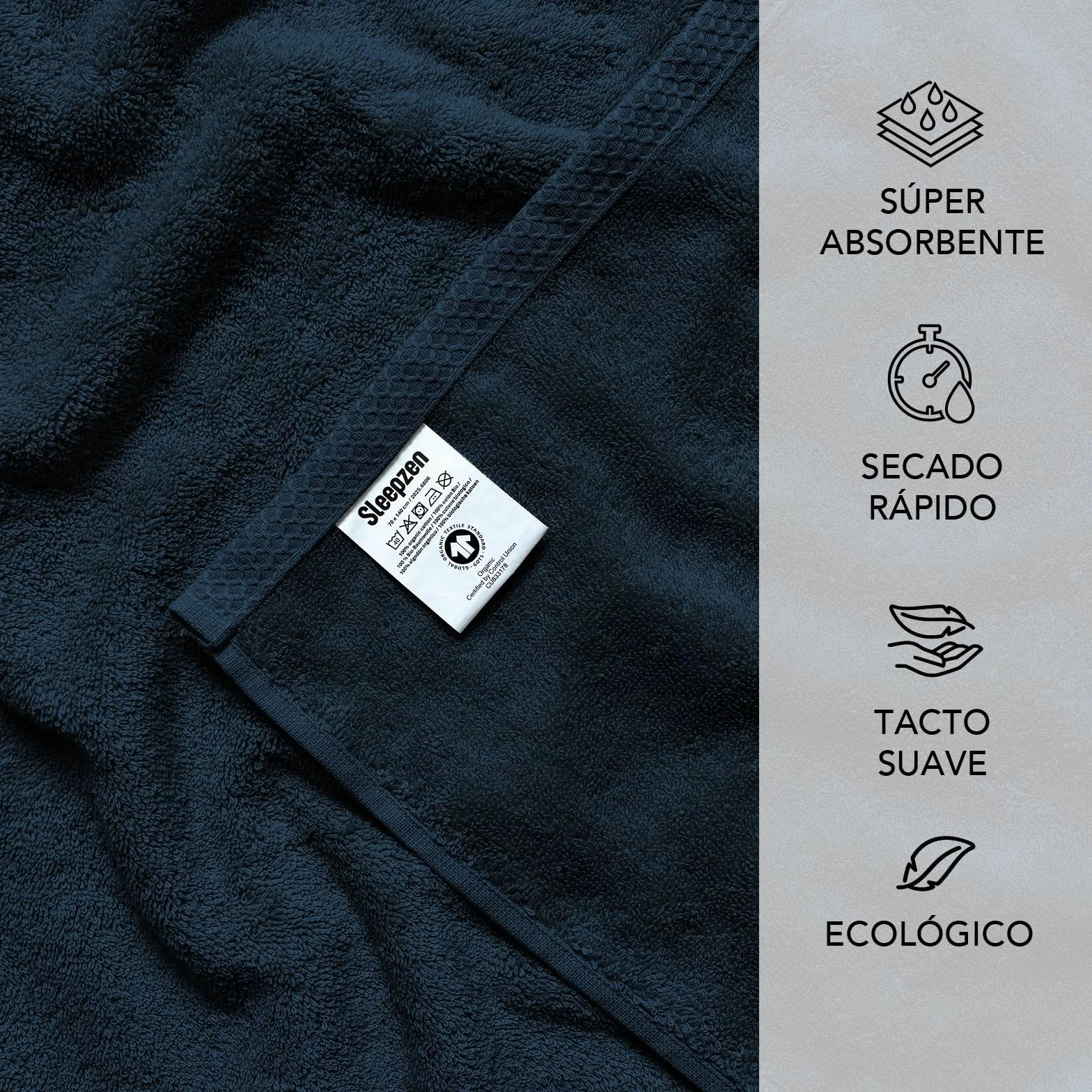 SLEEPZEN - Juego de Toallas de Baño 100x150, Juego de 2 - Azul Poseidón, Algodón Orgánico Certificado Gots - 500 gsm - Ultra absorbentes, Extra Suaves - Fabricadas en Portugal - Certificadas Oeko-Tex