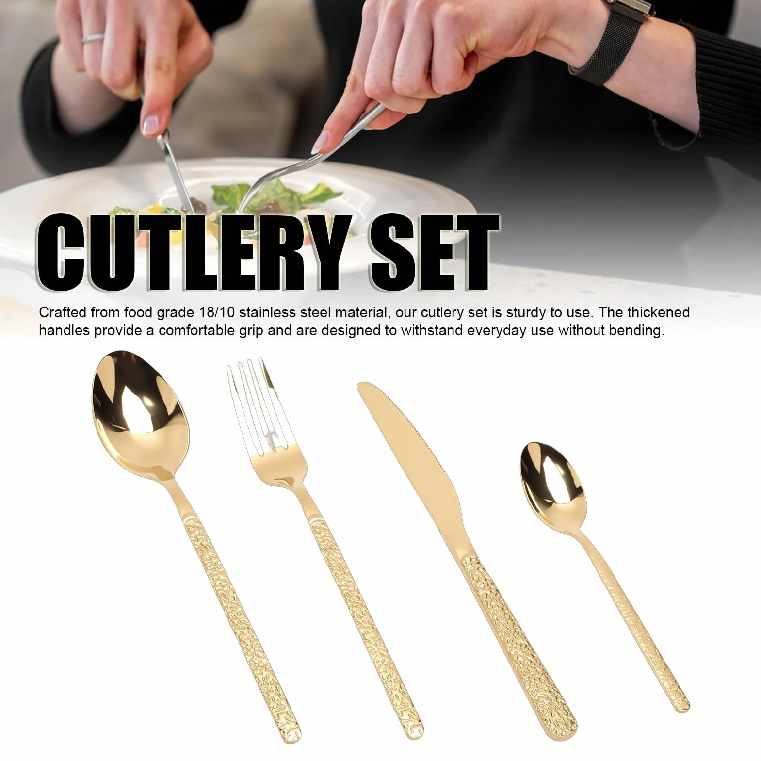 Juego de Cubiertos para 6 Elegantes Cubiertos de Acero Inoxidable para Bodas, Fiestas, Cenas en Casa (Patrón Piedra Oro)