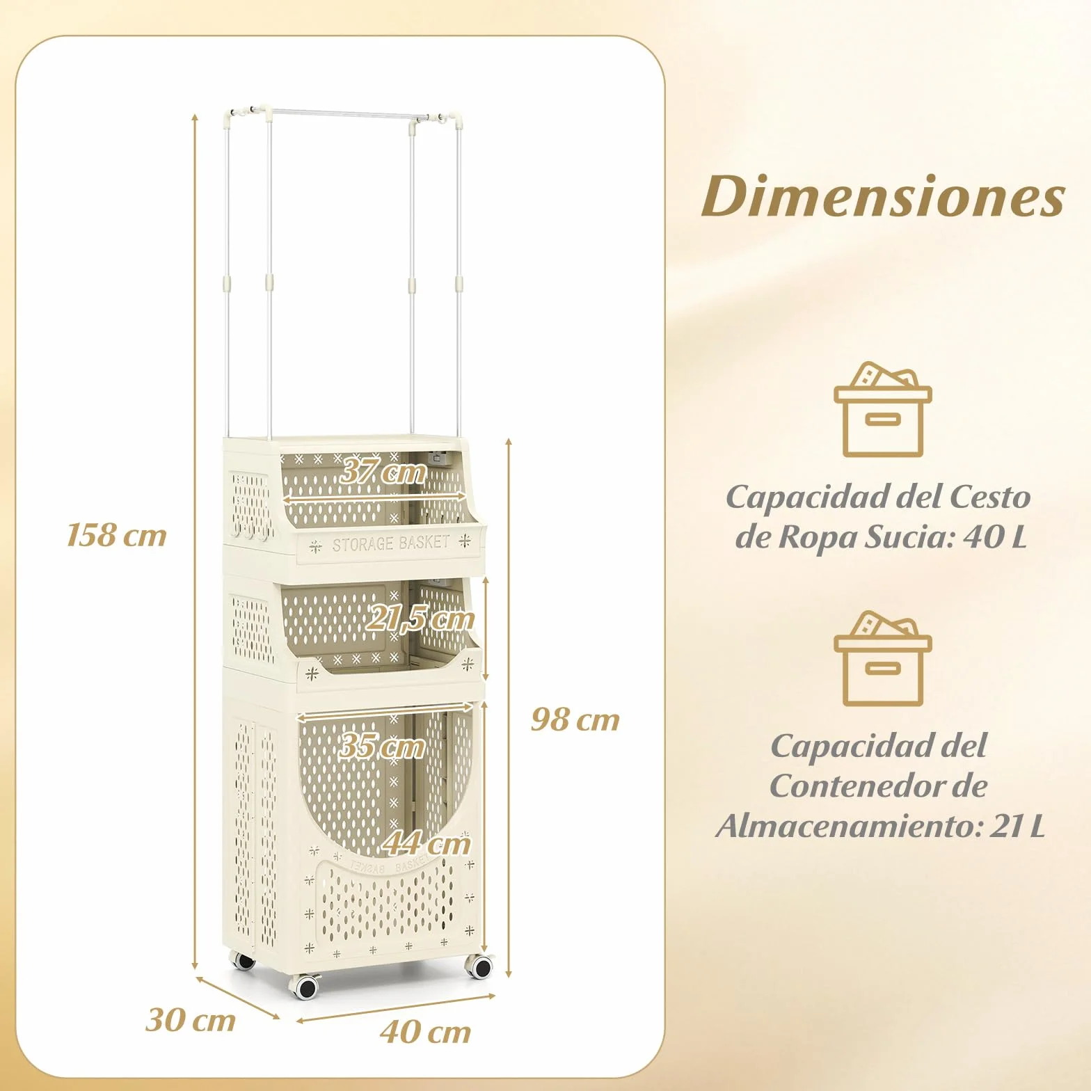 GIANTEX Cesto Ropa Sucia con Ruedas, Cesta de Lavandería Plegable con Copartimentos Abiertos, 6 Ganchos, Carrito de Almacenamiento para Baño, Dormitorio (81 L+Barra)