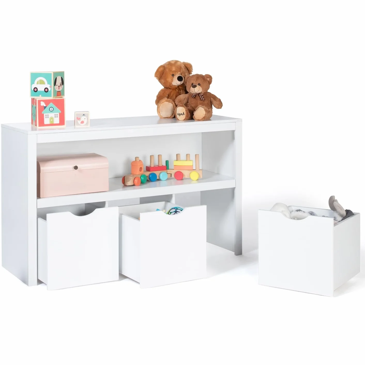 IDMarket MANA - Mueble de almacenamiento infantil de madera blanca con 3 cajones cúbicos sobre ruedas