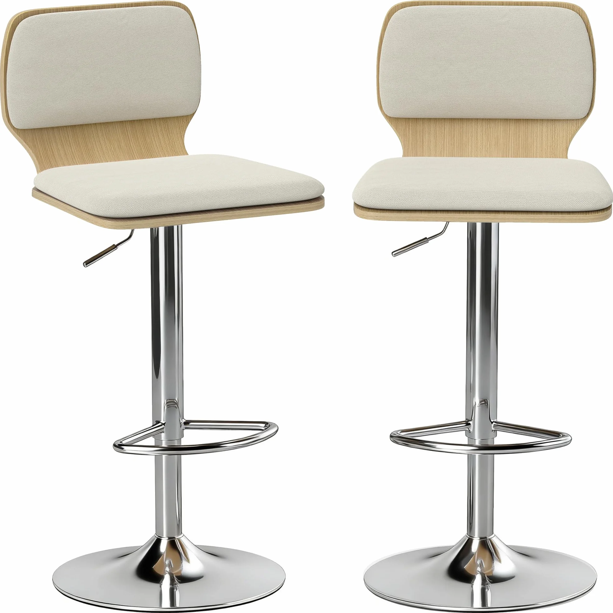 HOMCOM Juego de 2 Taburetes Altos de Cocina Giratorios en 360°, Taburetes de Bar Regulables en Altura de 81-102 cm, Tapizados en Lino, Reposapiés, para Comedor, Mostrador, Beige