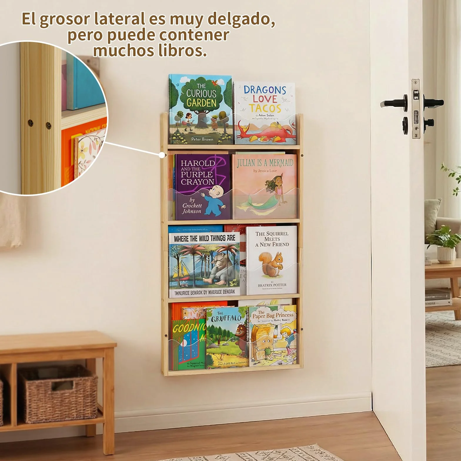 Librería Infantil de Pared 4 Niveles Madera y Acrílico, Estantería para Libros Flotante Habitación Bebé, librería Montessori para bambinis, contenidos per libri per Bambini per angolo lettura