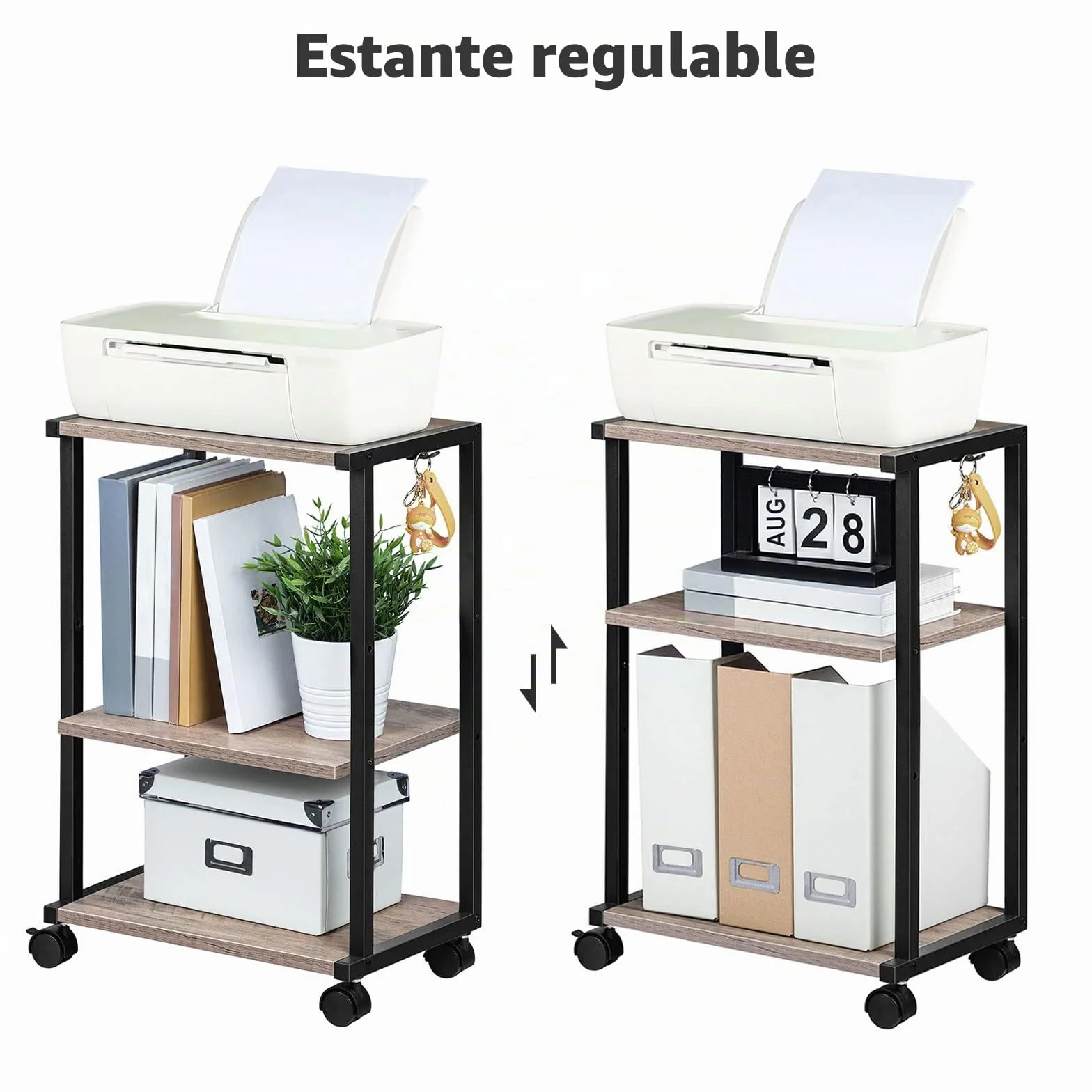 HOOBRO Soporte para Impresora, Carro de Impresora de Escritorio de 3 Estantes, con Pies Ajustables y Ruedas Bloqueables, para Oficina, Salón, Cocina, Estilo Industrial, Greige y Negro EBG28PS01N1