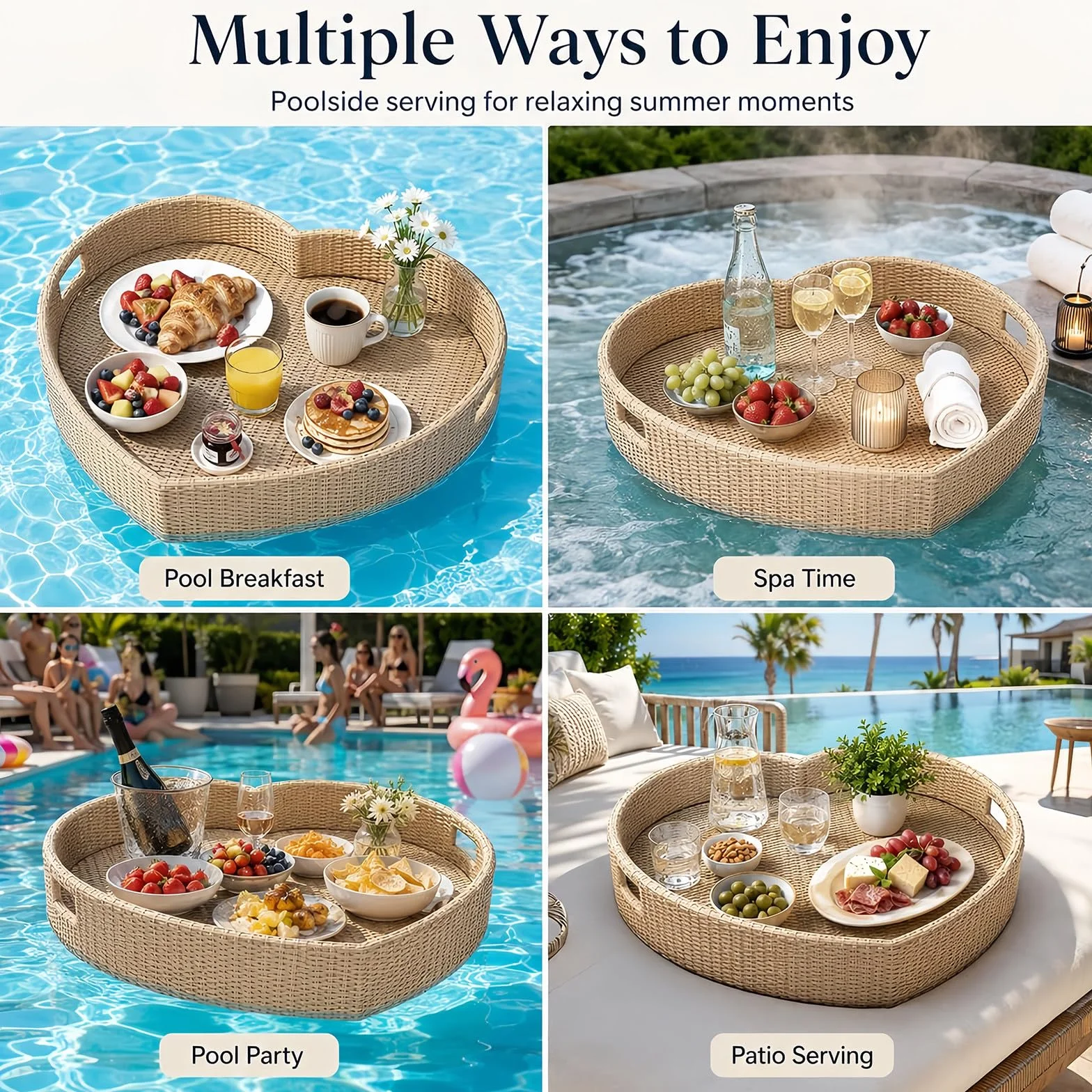 BANGBANGJI Bandeja Flotante Efecto Ratán para Resorts de Verano White | Bandeja flotante de ratán con acabado cuidado, espaciosa para bebidas, desayunos, fruta & accesorios