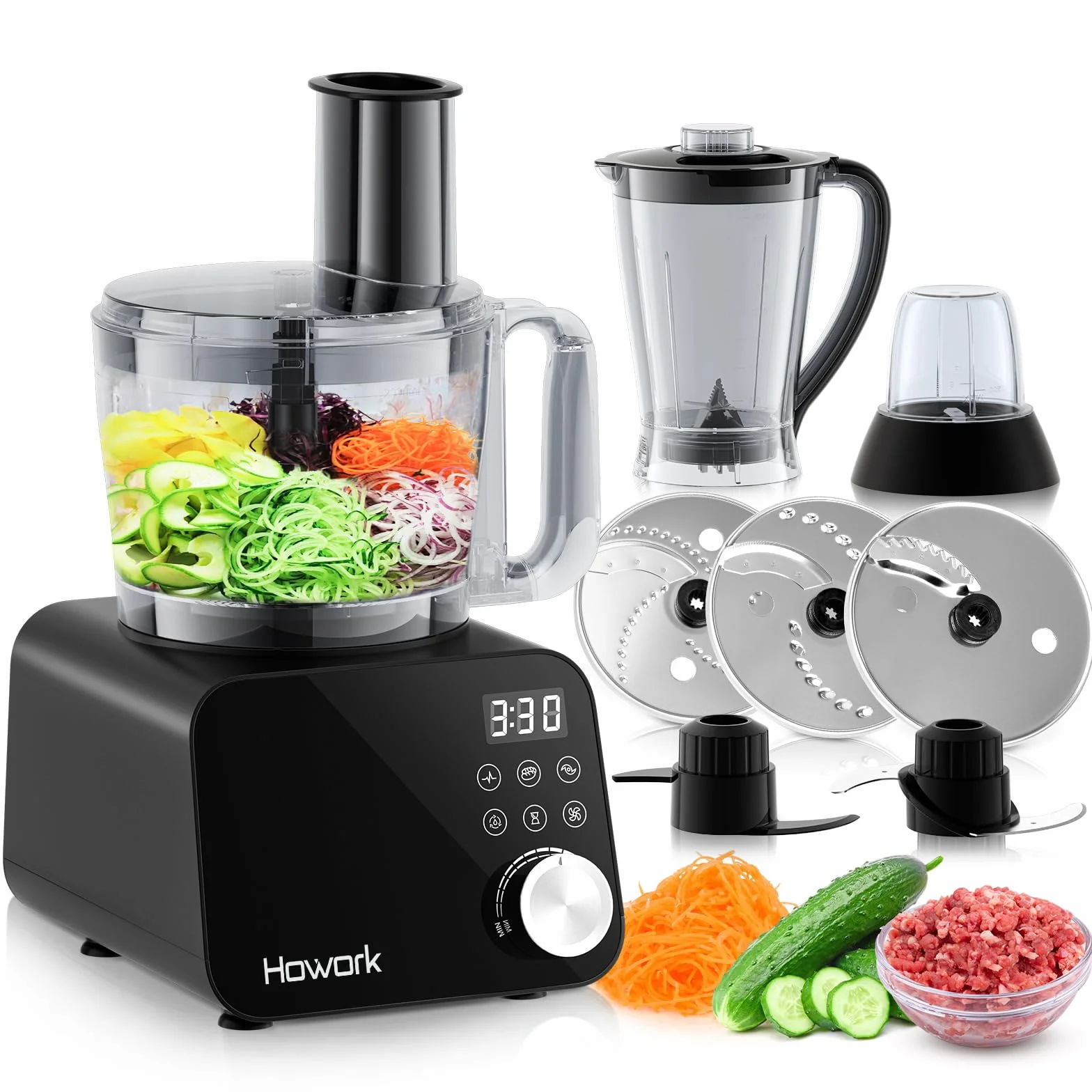 Howork Procesador de Alimentos 1500W, Multifunción de Gran Capacidad Food Processor, Para Triturar, Rebanar, Picar, Moler, Batidos, Picar, Rellenar y Masa,Robots de cocina (Negro)