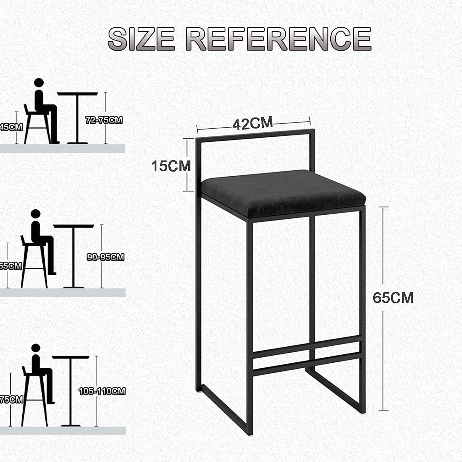 Juego de 2 taburetes de bar modernos de 65 cm/75 cm de altura, elegantes sillas de cocina con respaldo, diseño de 4 patas, color negro elegante, perfecto para el hogar y el bar