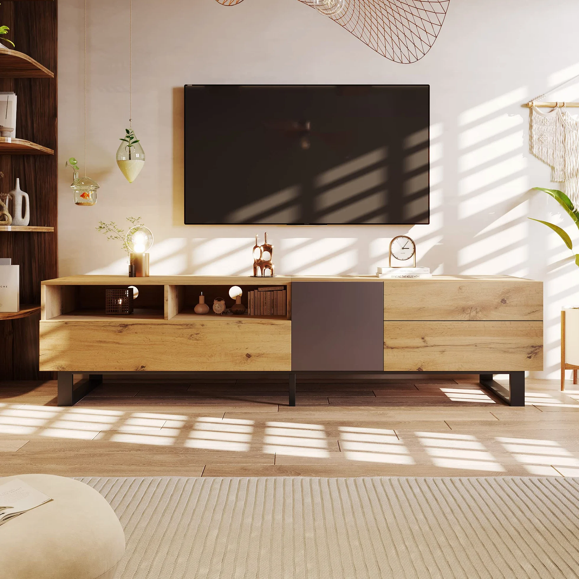 Moimhear Mueble de TV Moderno con Bloques de Color y Vetas de Madera (Color Madera+Negro, 180x38x50cm)