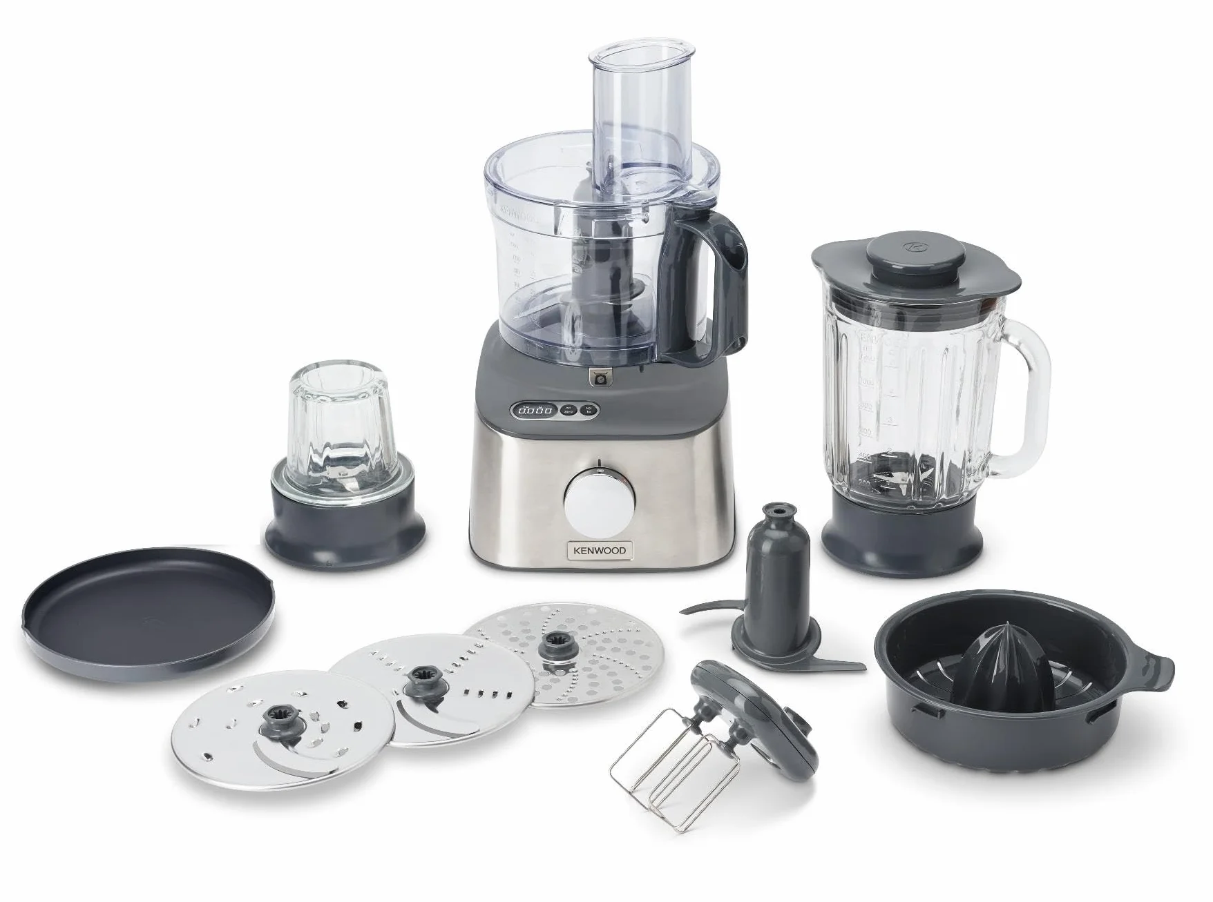 Kenwood Multipro Compact Procesador Robot de Cocina, Bol de 1,2L, Batidora de Vaso de 1,2L, Gancho para Amasar, Varillas, Discos para Cortar y Rallar, Molinillo de Especias, 800 W, FDM313S, Plata