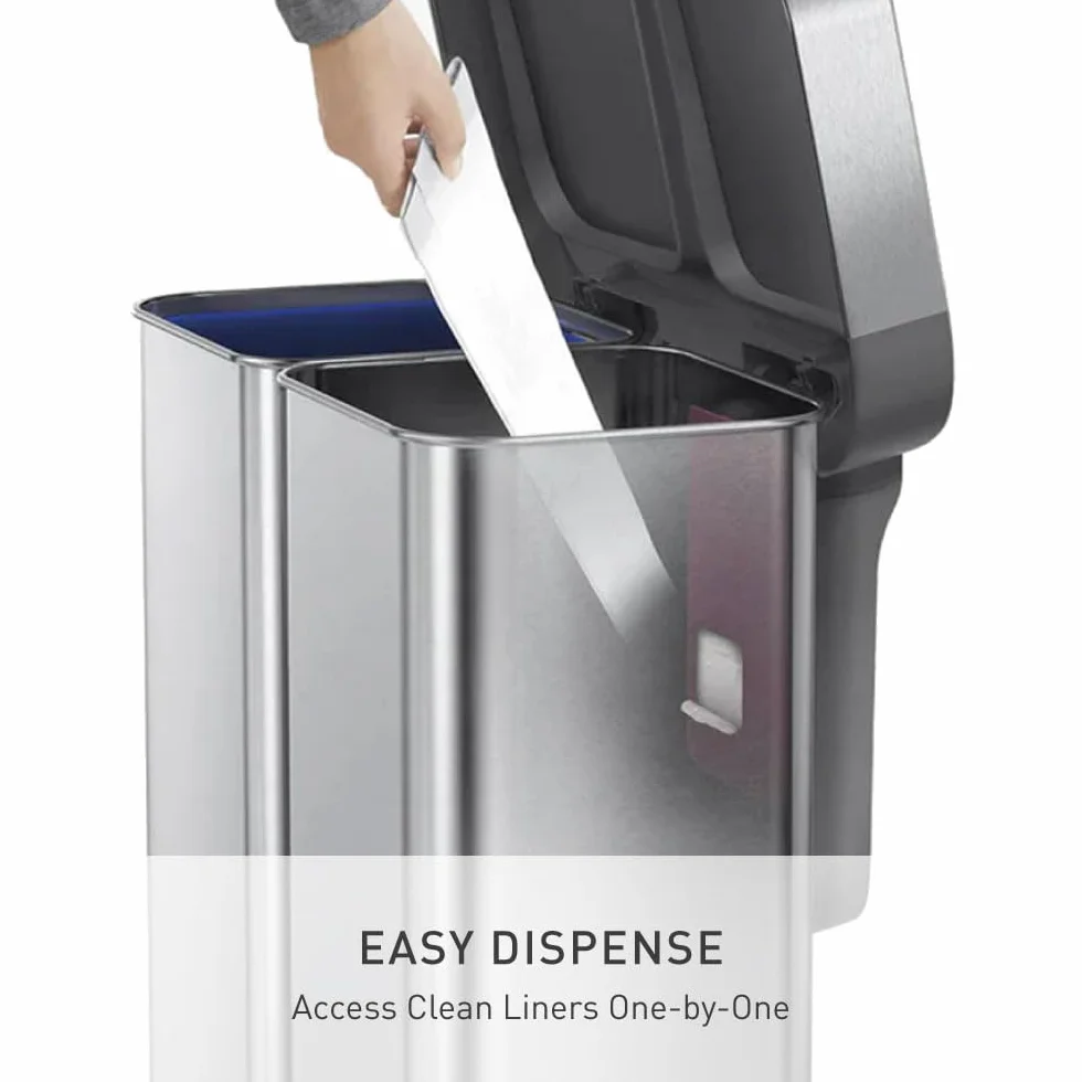 simplehuman CW2209 cubo doble compartimento con pedal y almacén de bolsas de basura, acero inoxidable cepillado con tapa de plástico gris, 58 L (34/24)