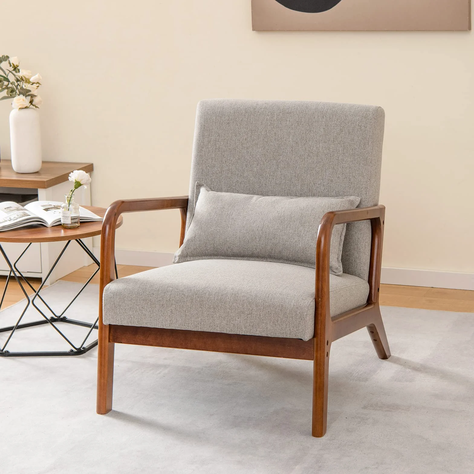 COSTWAY Silla Moderna de Madera, Butaca de Salon con Almohada Lumbar, Almohadillas de Fieltro Antideslizantes, Sillón de Lectura Tapizado en Tela, 79 x 65 x 77 cm (Gris)