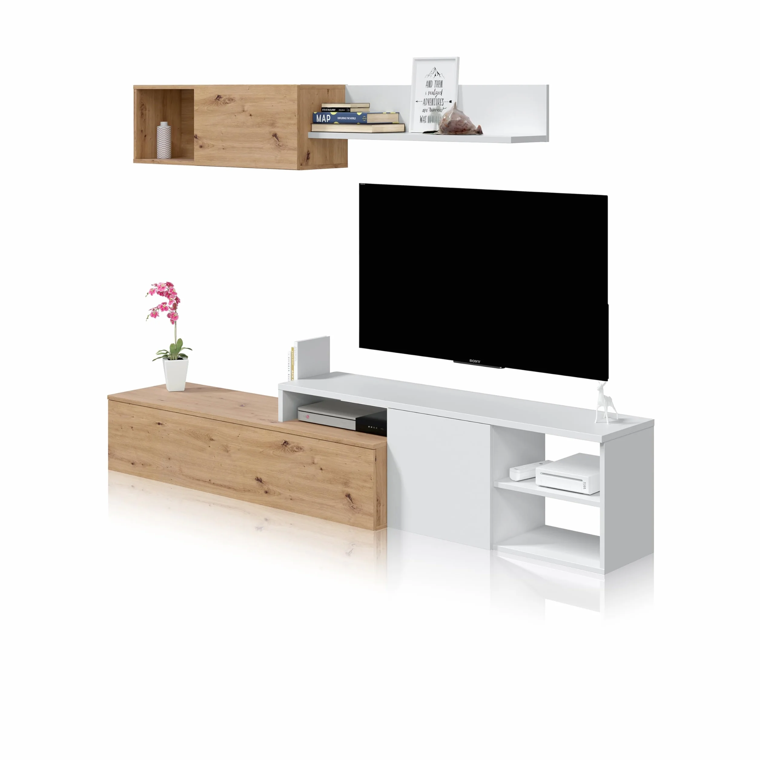 duehome | Conjunto de Salon Reversible, Mueble de Salon, Modulos de Comedor, Modelo Kate, Acabado en Roble Nodi y Blanco Artik, Medidas: 221 cm (Ancho) x 44 cm (Alto) 40 cm (Fondo)