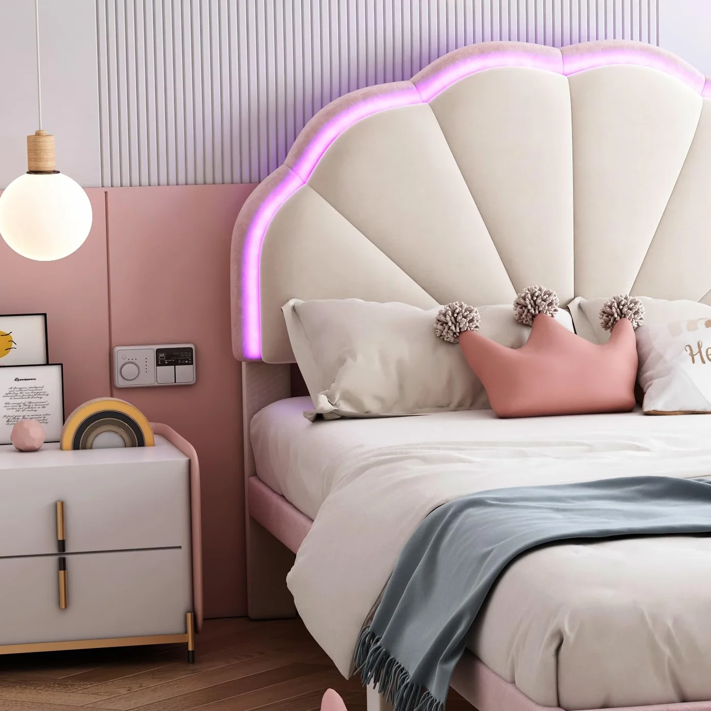 Cama tapizada LED para niños: cama individual de terciopelo en beige y rosa, 90 x 200 cm, con cabecero ondulado, tiras de luz que cambian de color y patas acolchadas, habitación infantil de cuento de
