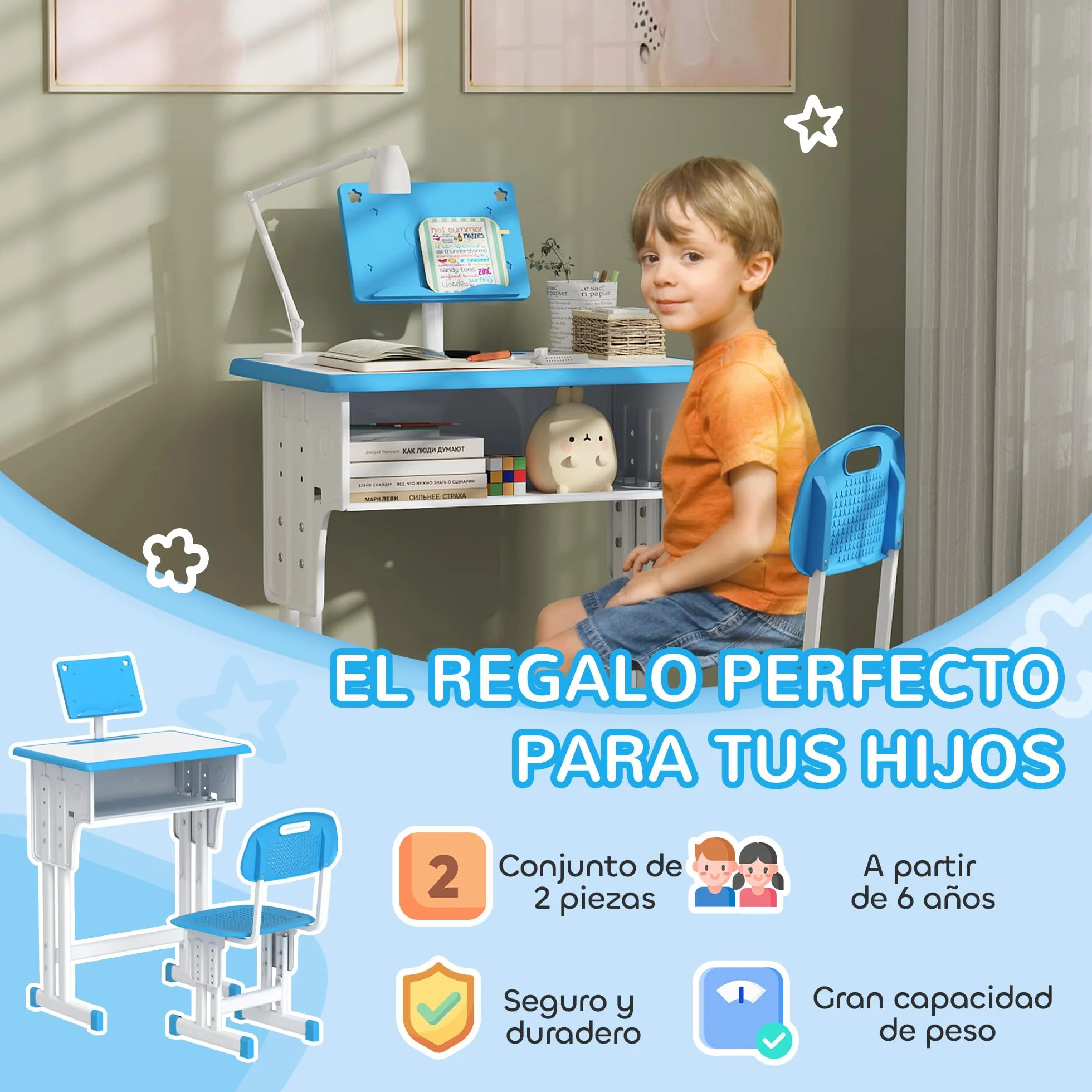 HOMCOM Escritorio Infantil Altura Ajustable 60x45x90-102 cm Azul con Cajón y Estante