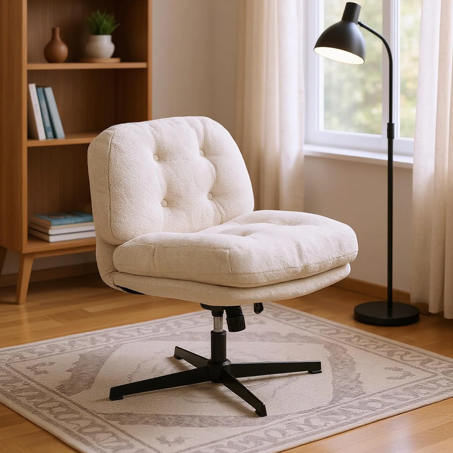 MEUBLE Cosy Sillón Giratoria 360° Butaca de Salón Función de Inclinación Silla Altura Ajustable con Asiento Grueso Respaldo sin Reposabrazos Ruedas en Tela de Bucle Blanco