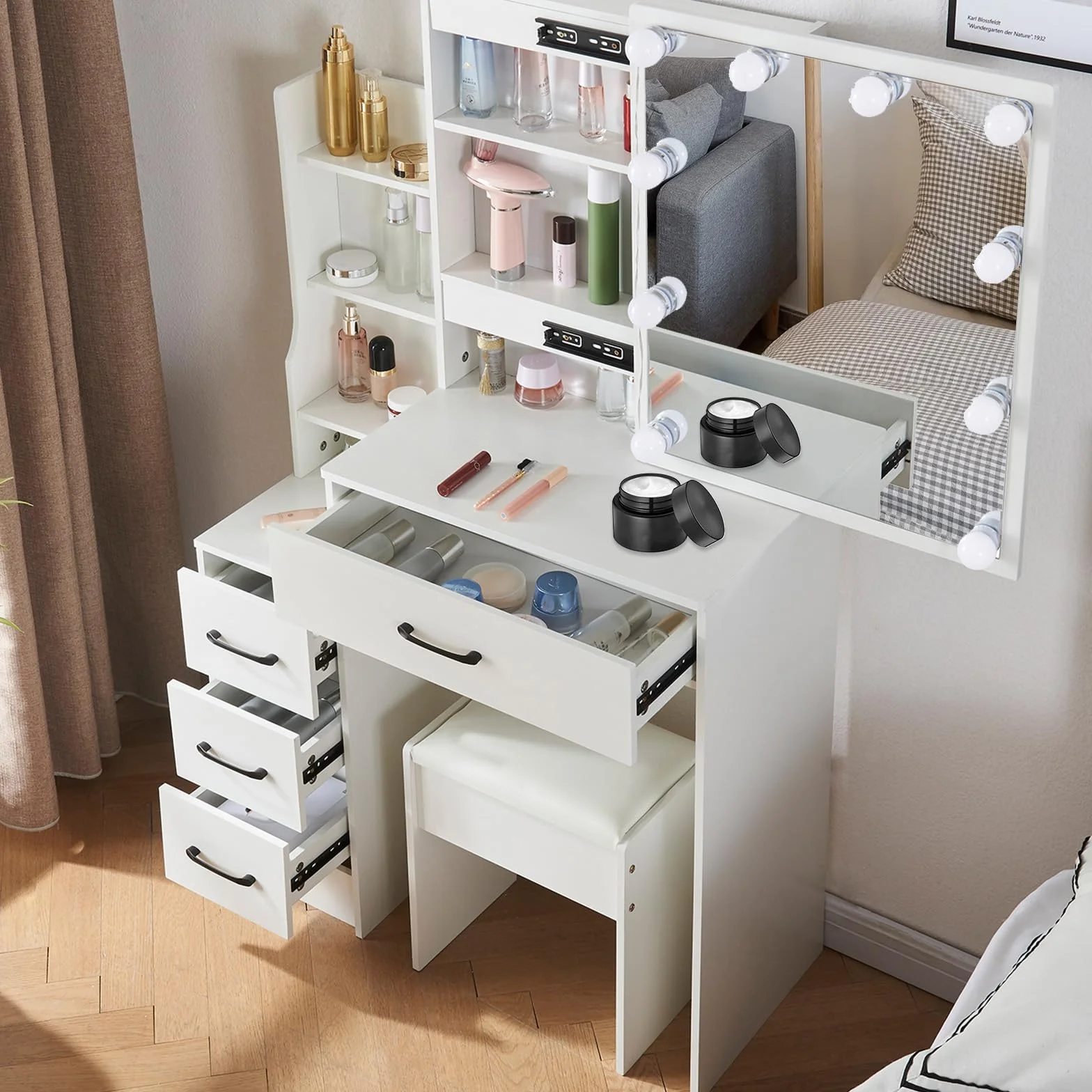 Tocador con iluminación y taburete, mesa de maquillaje con color de luz y brillo ajustables, mueble de cosméticos con 6 cajones y 6 compartimentos de almacenamiento para dormitorio
