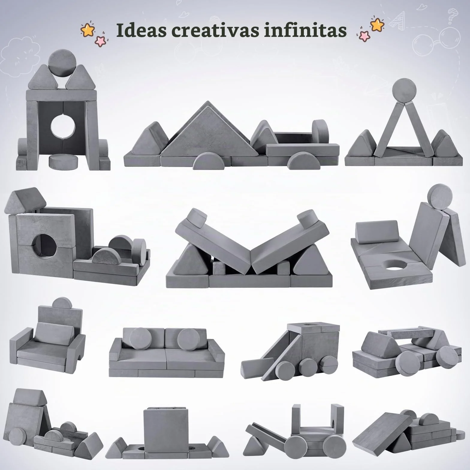 Sofá para niños, Juego de sofás para niños de 14 Piezas, Bloques de construcción de Espuma apilables, sofá de Juegos para niños para Zona de Dormir y Sala de Juegos (Gris)
