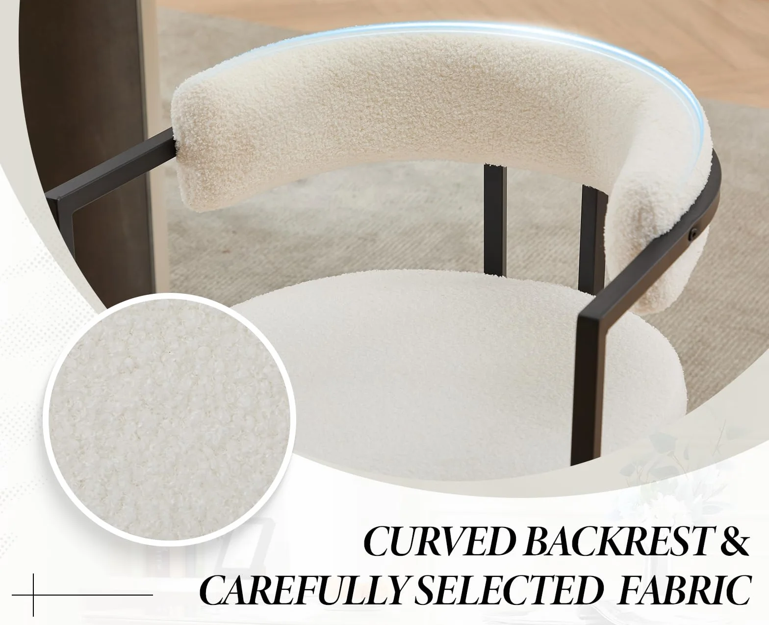 chairus Juego de 2 Sillas de Comedor de Lana Sintética Silas Laterales con Respaldo Curvado, Silla de Cocina con Marco de Metal Silla Decorativa Moderno para Hogar/Restaurante, Blanco