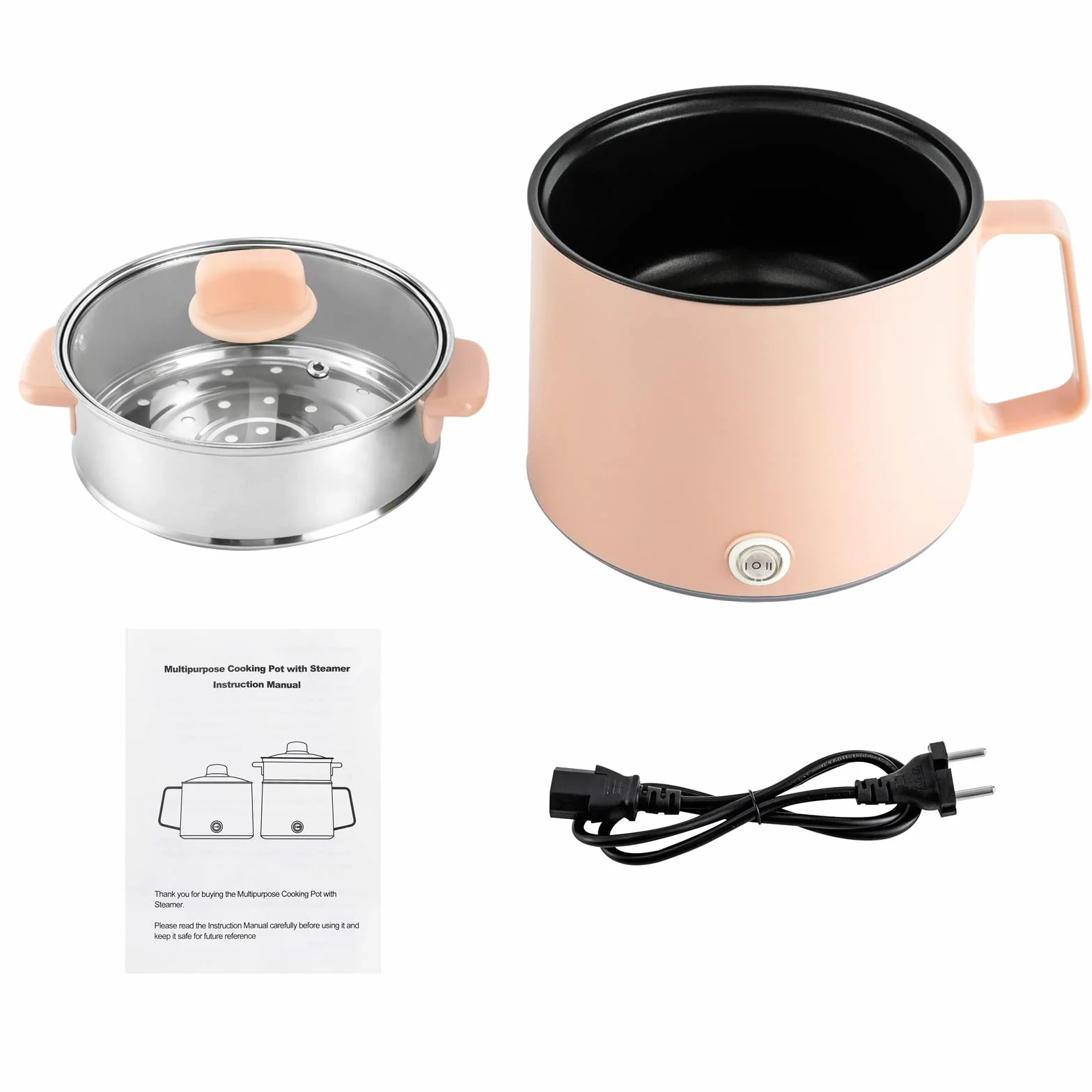 Ramen Cooker Olla Eléctrica 600 W Antiadherente con Cesta de Vapor Multifunción Portátil (Rosa)