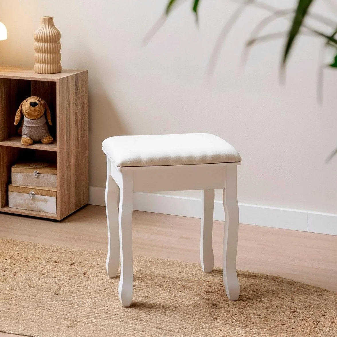 LOLAhome Banqueta de Tocador Blanca con Asiento Tapizado, Madera de Paulonia 50x30x39 cm, Estilo Clásico, Taburete para Dormitorio y Maquillaje
