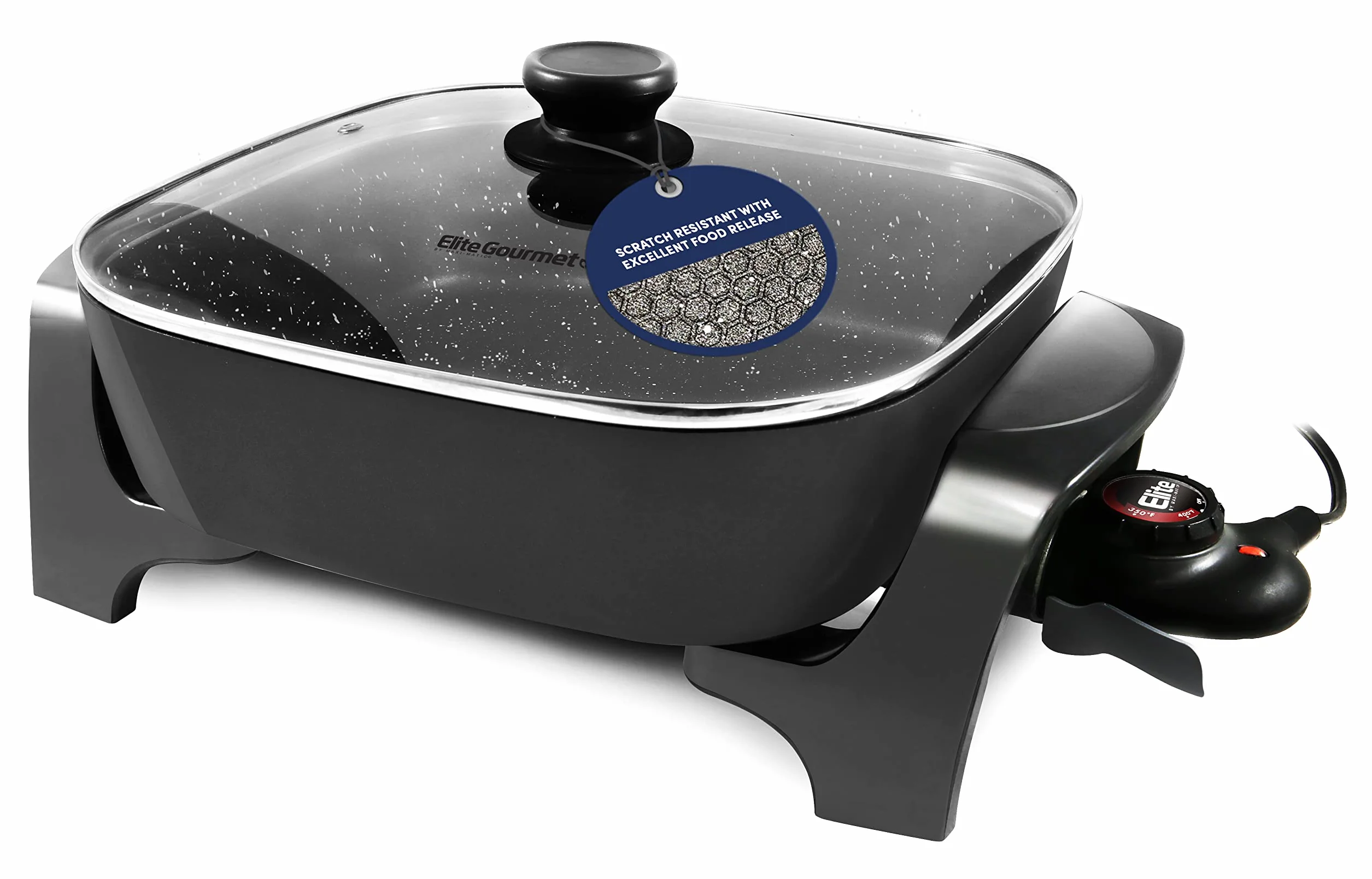 Elite Gourmet EG6201# Sartén eléctrica antiadherente extraprofunda 30,5 x 30,5 x 8 cm (7 l) Resistente a los arañazos, apta para lavavajillas, tapa ventilada de cristal, temperatura ajustable, negro