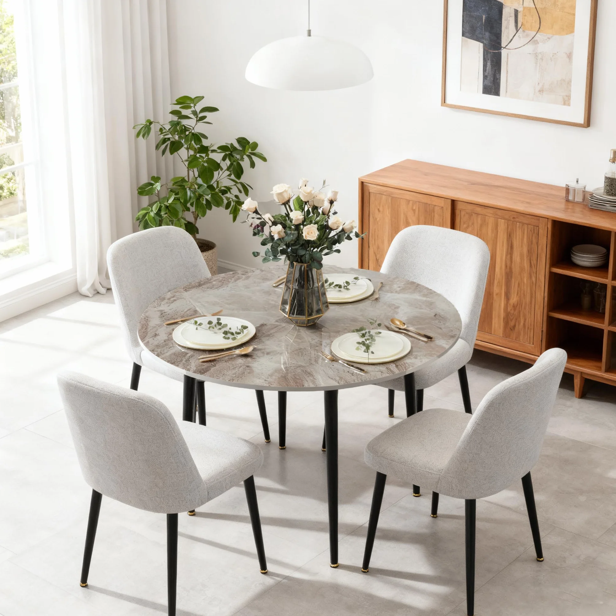 FATIVO Mesa Comedor Mármol Cocina: Mesa de Jantar Redonda Estilo Nórdico Moderno de Piedra Sinterizada con Patas de Metal para 2-4 Personas 80x80 cm, Gris