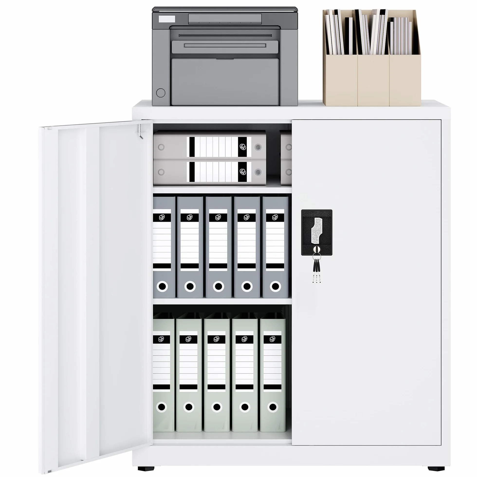 LAND·VOI Armario de Acero 3 Estantes con Cerradura Estantes Ajustables Puertas Dobles Armario de Oficina Mueble de Metal para Oficina Garaje Cocina Taller 80×40×91.5 cm Blanco