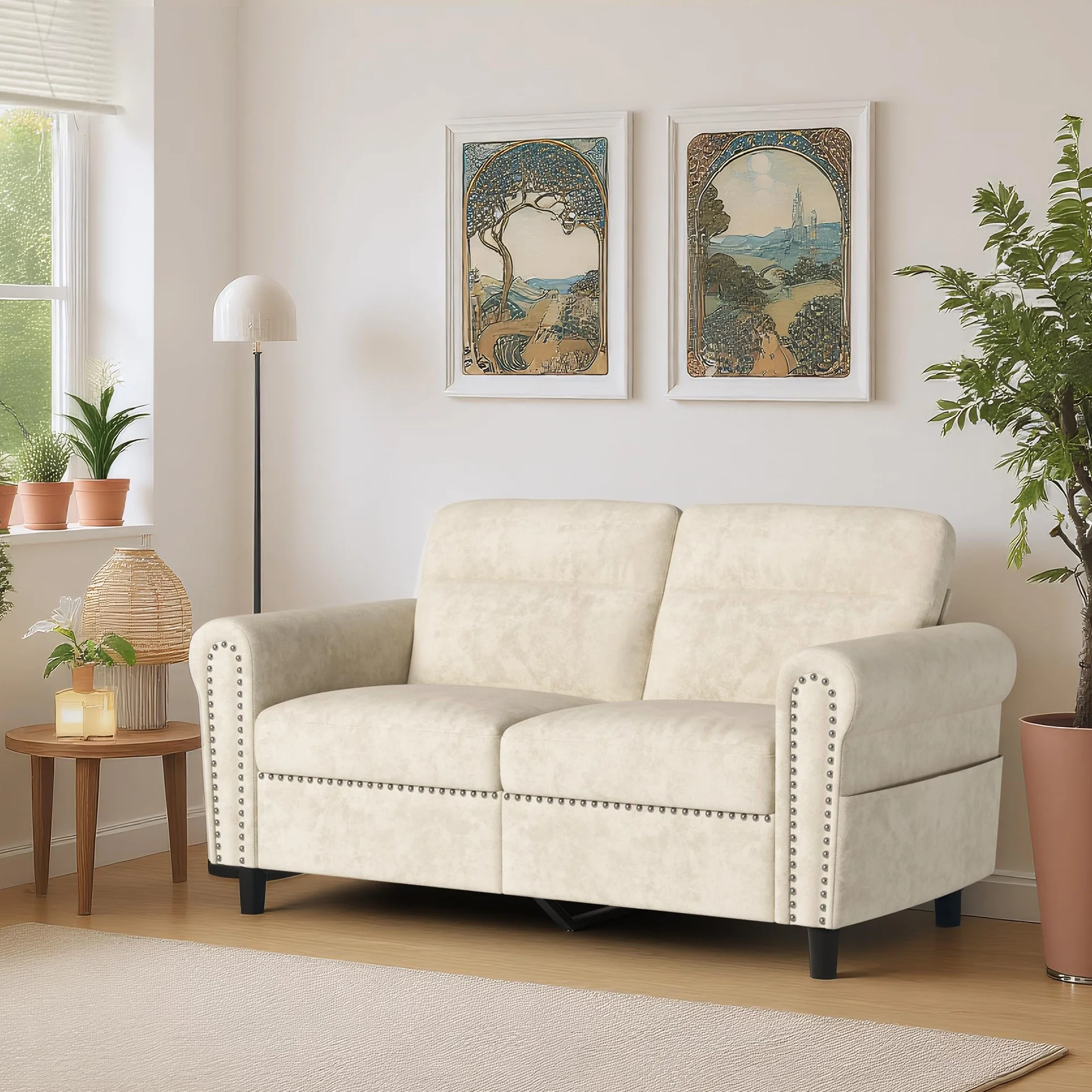 Sofá de 2 Plazas, Loveseat con Bolsillo Lateral, Sofá de Dos Plazas con Cojines Extraíbles para Salón, Dormitorio, Oficina, 152 x 76 x 84 cm (Beige)