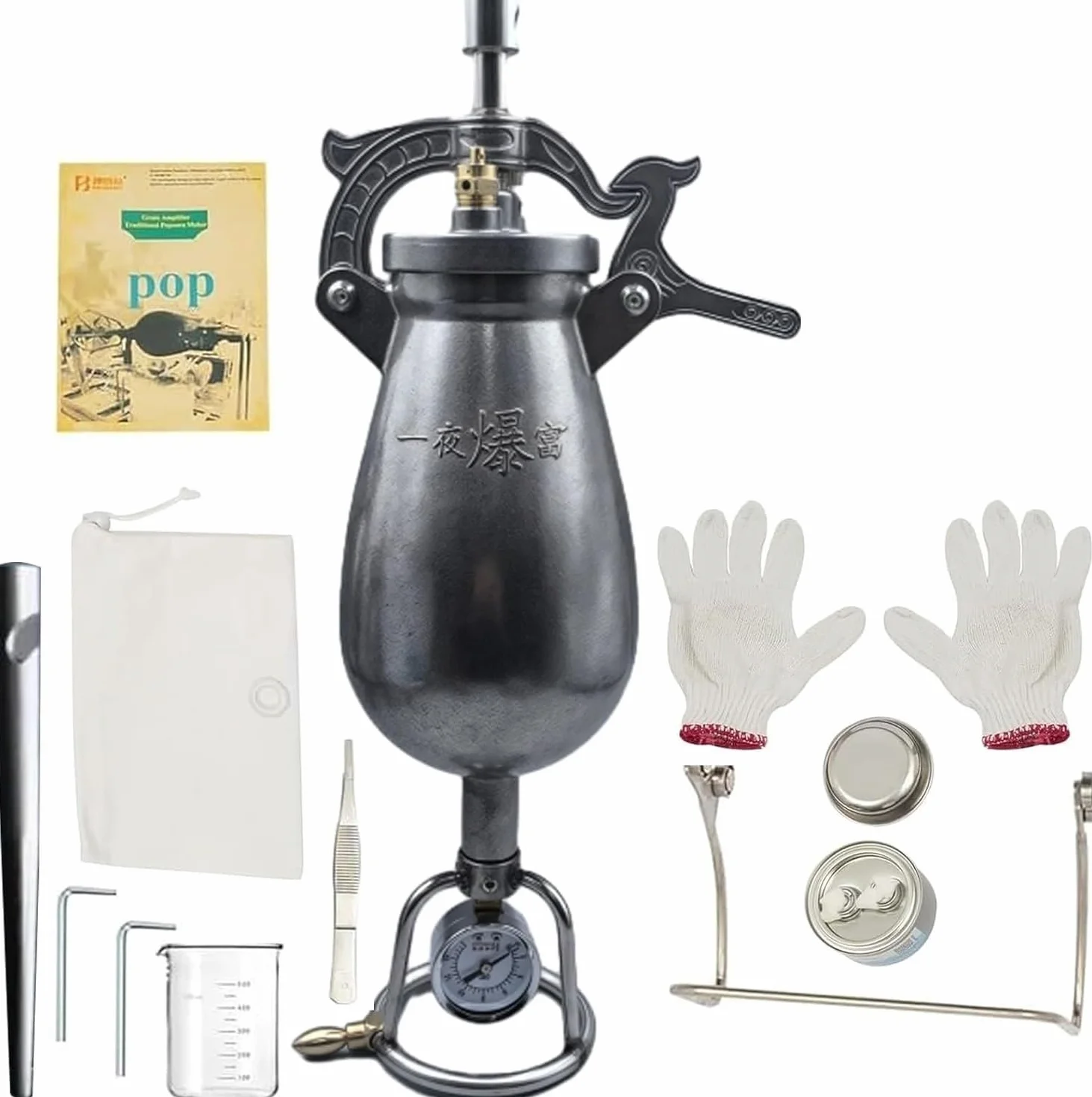 Nueva MáQuina Palomitas MaíZ 1000 Ml, CañóN Palomitas Acero Inoxidable 304, MáQuina Palomitas Aire Caliente, Se Calienta Con Estufa De Gas, Uso DoméStico/Comercial(1000ml)