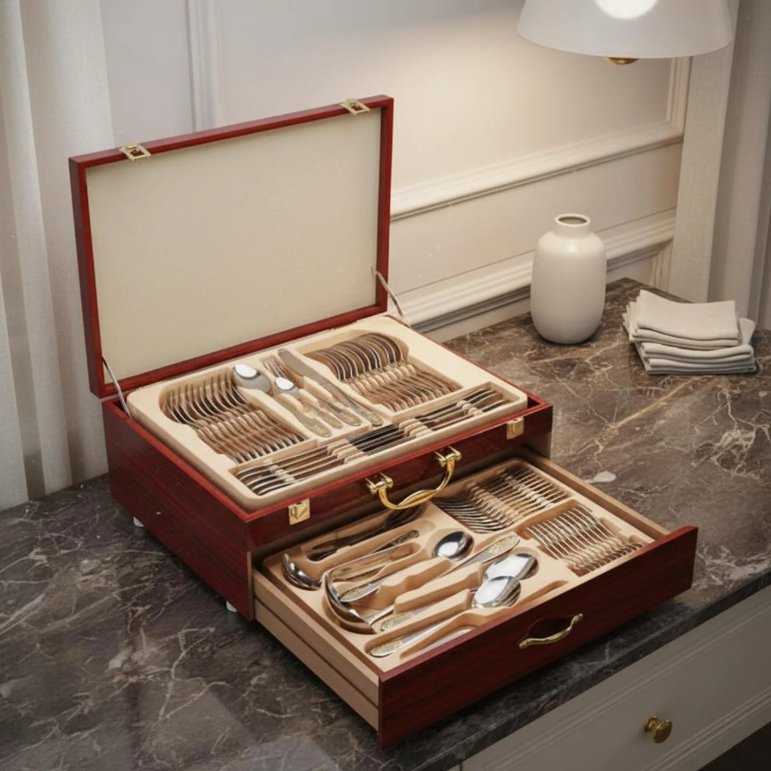 72 Piezas Cubiertos de Acero Inoxidable Juego de Cubiertos Tenedores Cucharas Cuchillos Lustre Pulido con Caja para Guardar Adecuado para Uso Doméstico Servicio Profesional Celebraciones