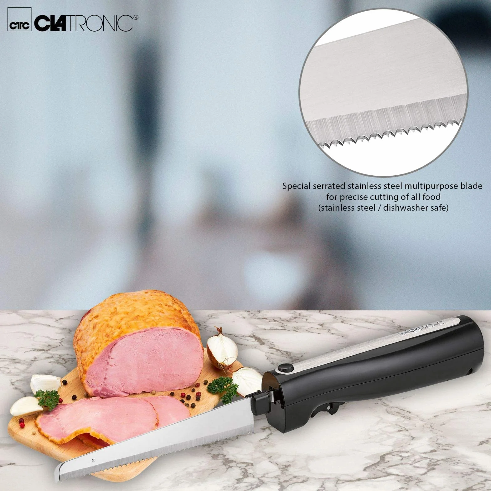 Clatronic Cuchillo eléctrico de cocina para carne, cuchillo de cocina eléctrico para alimentos congelados (hoja de acero inoxidable, afilado ondulado, cuchillo de pan, 120 W, negro)