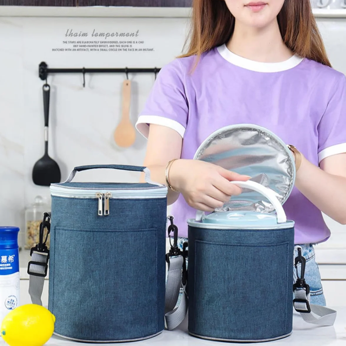 SHERCHPRY Bolsa Térmica de Oxford Portátil y Ligera para Almuerzo al Aire Libre, Bolsa de Comida Aislada Diseño Redondo y Material Resistente para Trabajo y Picnic