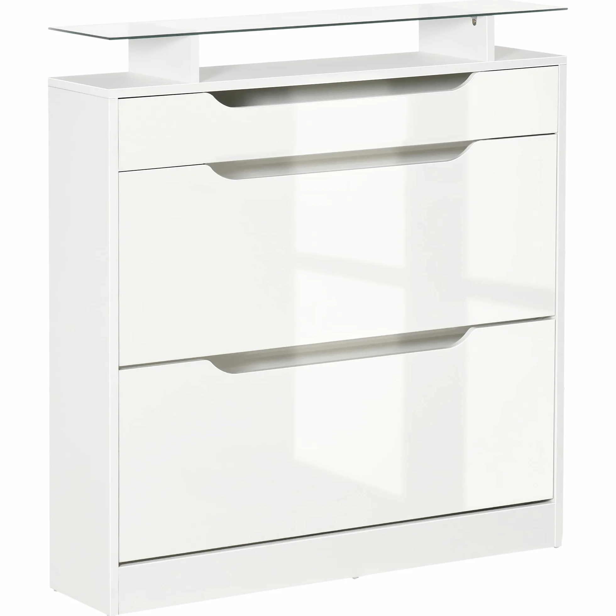 HOMCOM Mueble Zapatero de 2 Puertas Zapatero Estrecho para 16 Pares de Zapatos con Cajón Estante Abierto y Encimera de Vidrio para Pasillo Entrada 89x23x96 cm Blanco