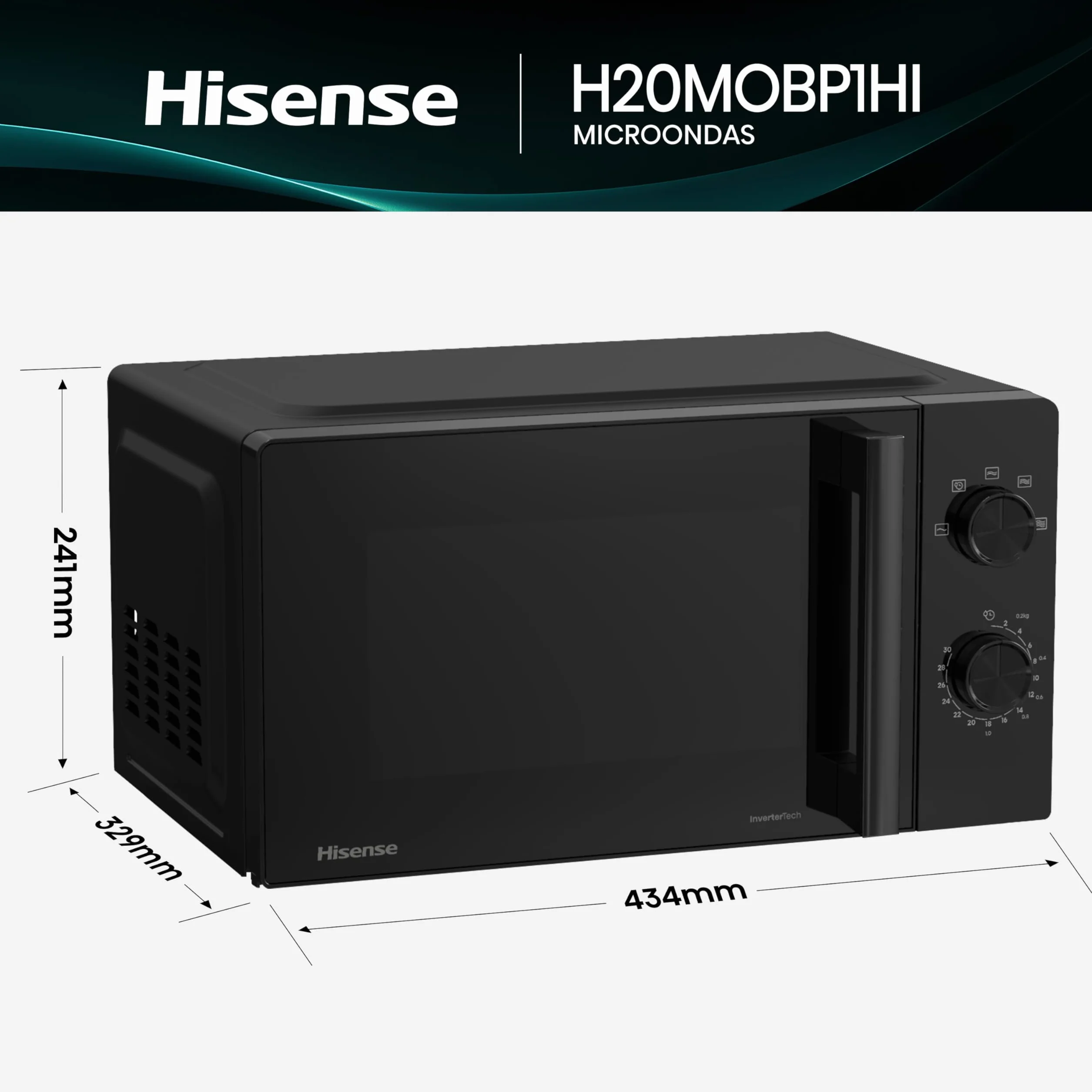 Hisense H20MOBP1HI Microondas 20L 700W Inverter Expert Descongelación Rápida Calentamiento Uniforme Revestimiento Cerámico