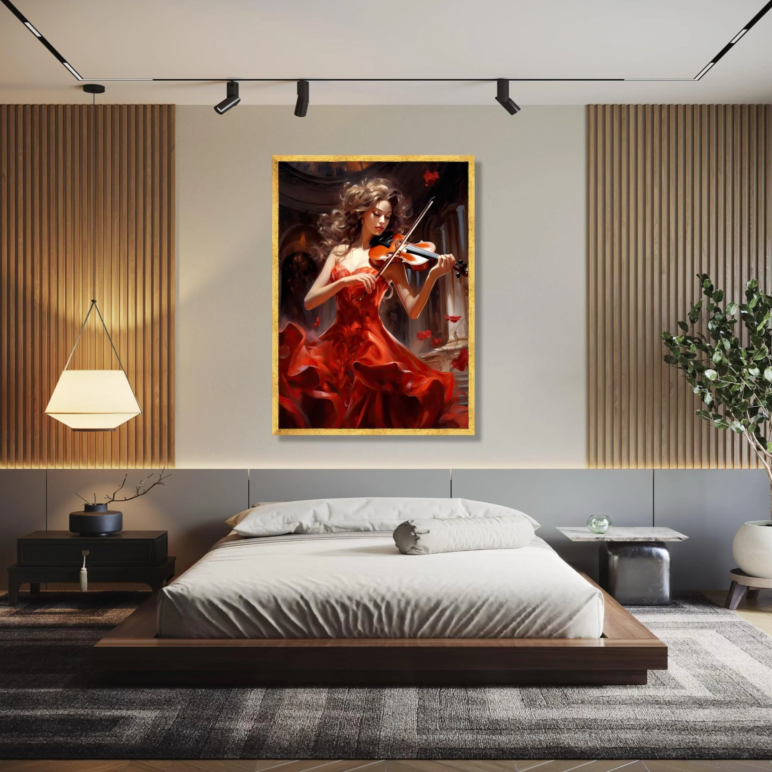 XBTYKPB Lienzo de violinista con vestido rojo fluido, arte mural de instrumentos musicales, decoración de música clásica, decoración romántica del hogar, pintura (50 x 75 cm/marco interior)