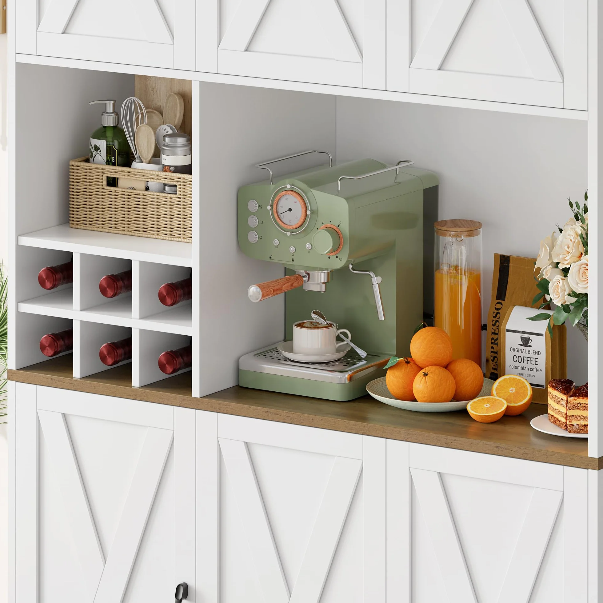 HOCSOK Alacena de Cocina，Armario con 6 Puertas, Soporte para Copas, Botellero Vino, Mueble de Cocina con Soporte para Microondas, para Comedor Y Sala De Estar, Blanco, 106x37x180 cm
