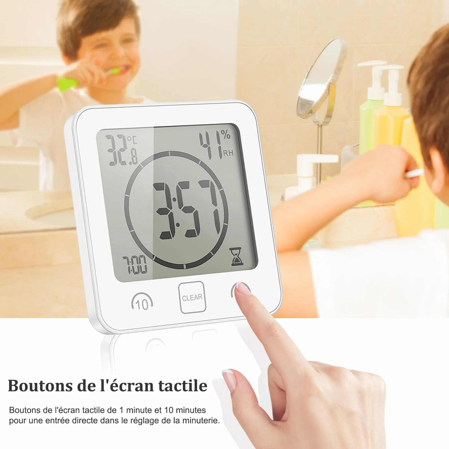 Reloj de Baño Digital con Temperatura Humedad, Alarma Impermeable, Temporizador LCD Control Táctil, Blanco