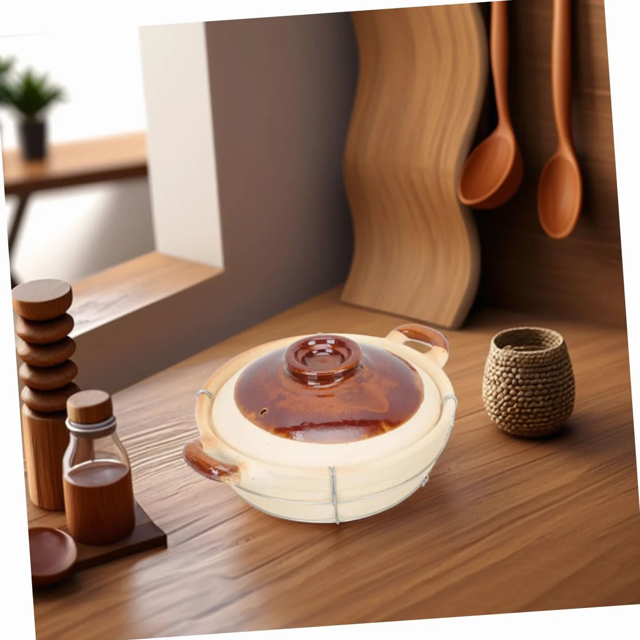 Olla de Barro con Asa para Cocinar, 2 Piezas Beige de Arcilla | Hierro Incluido Estructura, Diseño de Agarre Seguro y Resistente al Calor, para Sopas y Preparación Individual