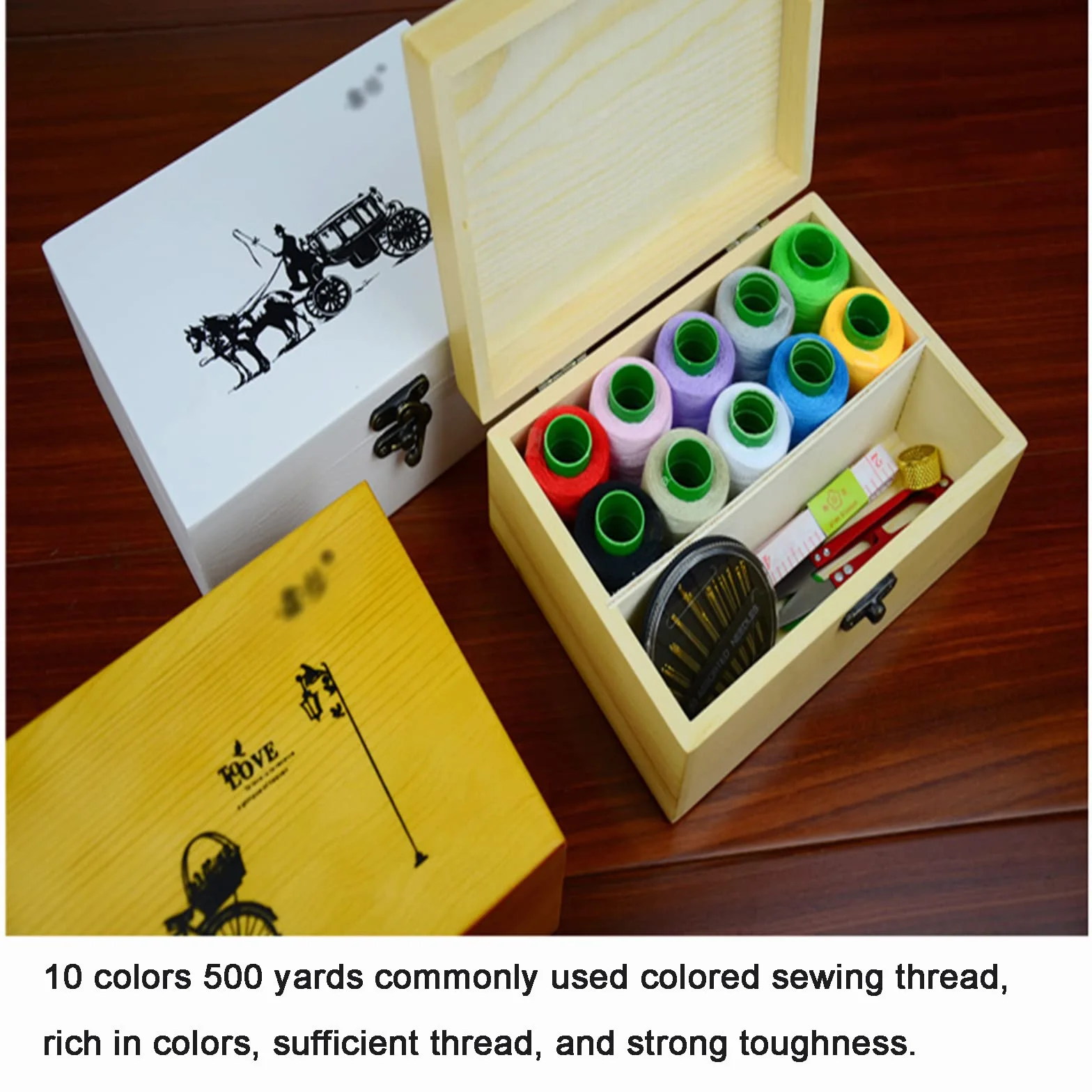 Kit de costura, caja de coser, caja de costura de madera con accesorios, adecuado para principiantes, hombres, mujeres, estudiantes, blanco (color: natural)