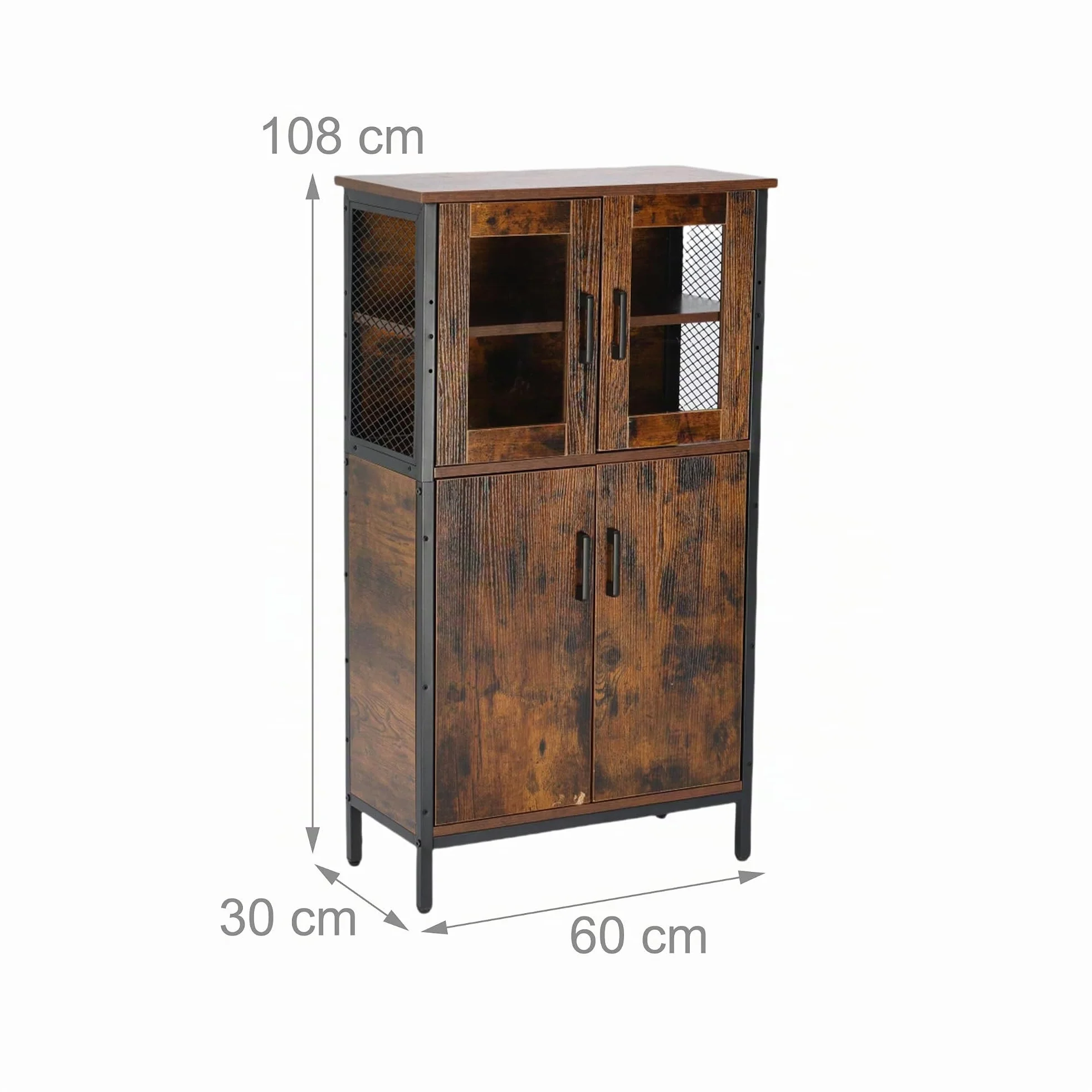 Relaxdays Armario Alto de Cocina Industrial con Puertas de Cristal, Vitrina Estrecha 108x60x30 cm, Madera Marrón