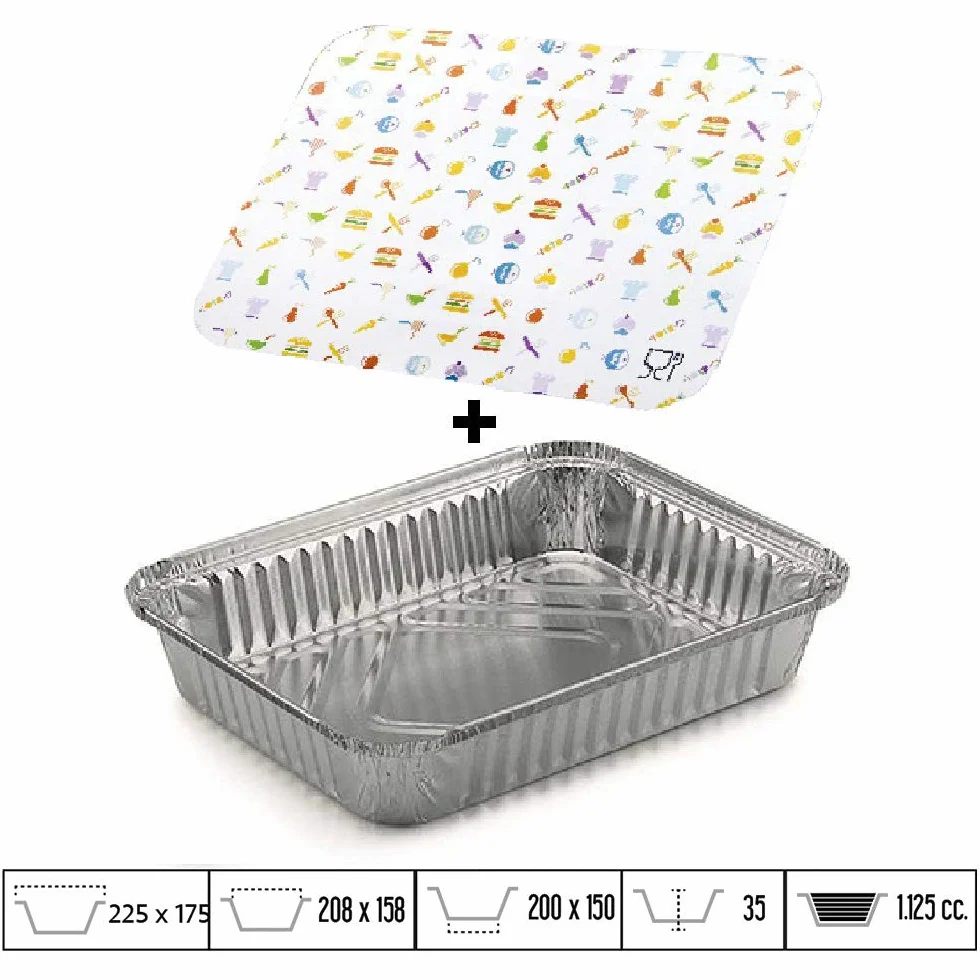 100 uds - Envase/Recipiente de Aluminio Rectangular + Tapa de cartón - Capacidad 1125 ml y tamaño 200x150x35 mm - Bandejas Desechables y reciclables, Apto para Altas temperaturas