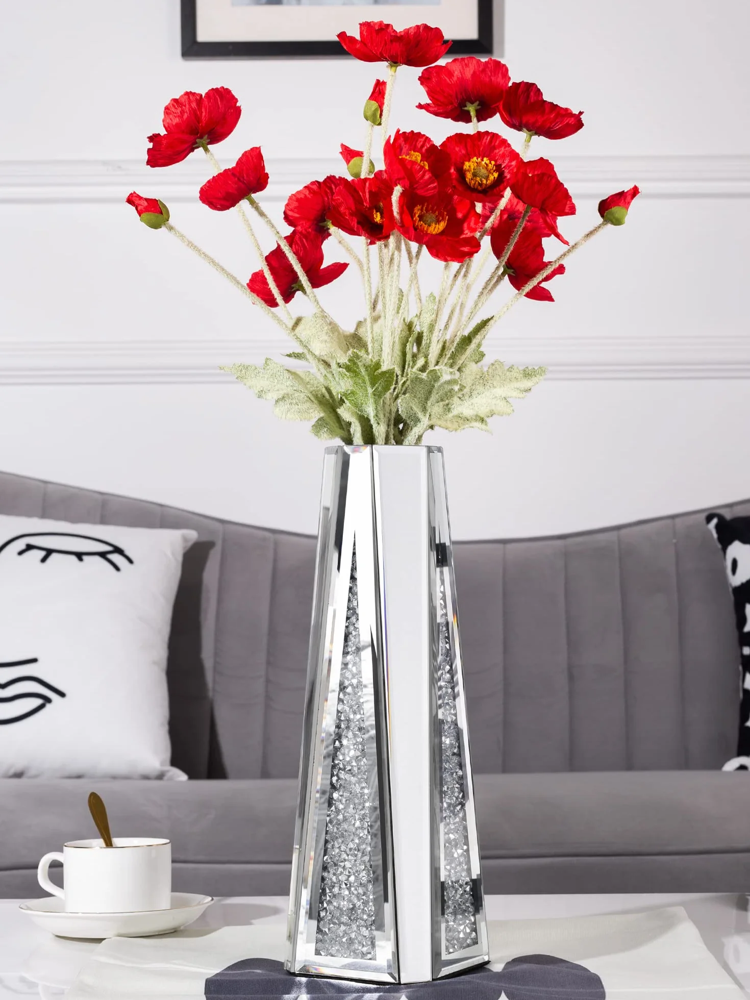 SHYFOY Jarrón grande para flores secas, 33 cm, decorativo de plata y cristal con cristales para el hogar, salón, mesa de comedor, boda
