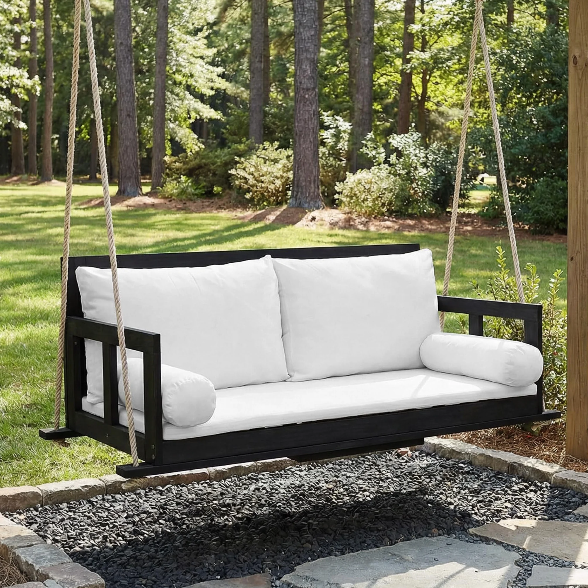Columpio doble para jardín al aire libre, incluye cojín extraíble lavable y dos cuerdas, de madera de acacia, color negro y beige