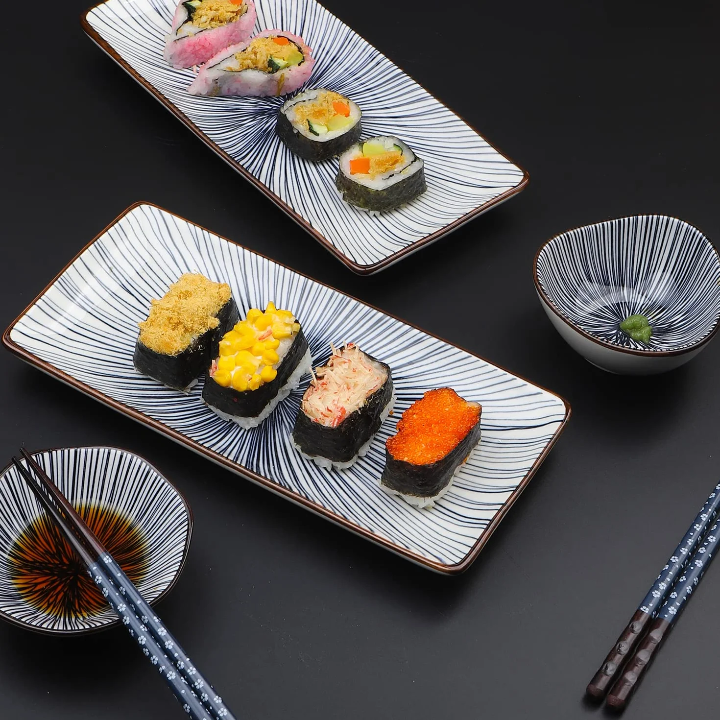 Artcome Juego de vajilla de cerámica de estilo japonés de 10 piezas para inauguración de la casa de boda, 2 platos de sushi, 2 platos de salsa, 2 cuencos de aperitivos, 2 pares de palillos, 2 soportes