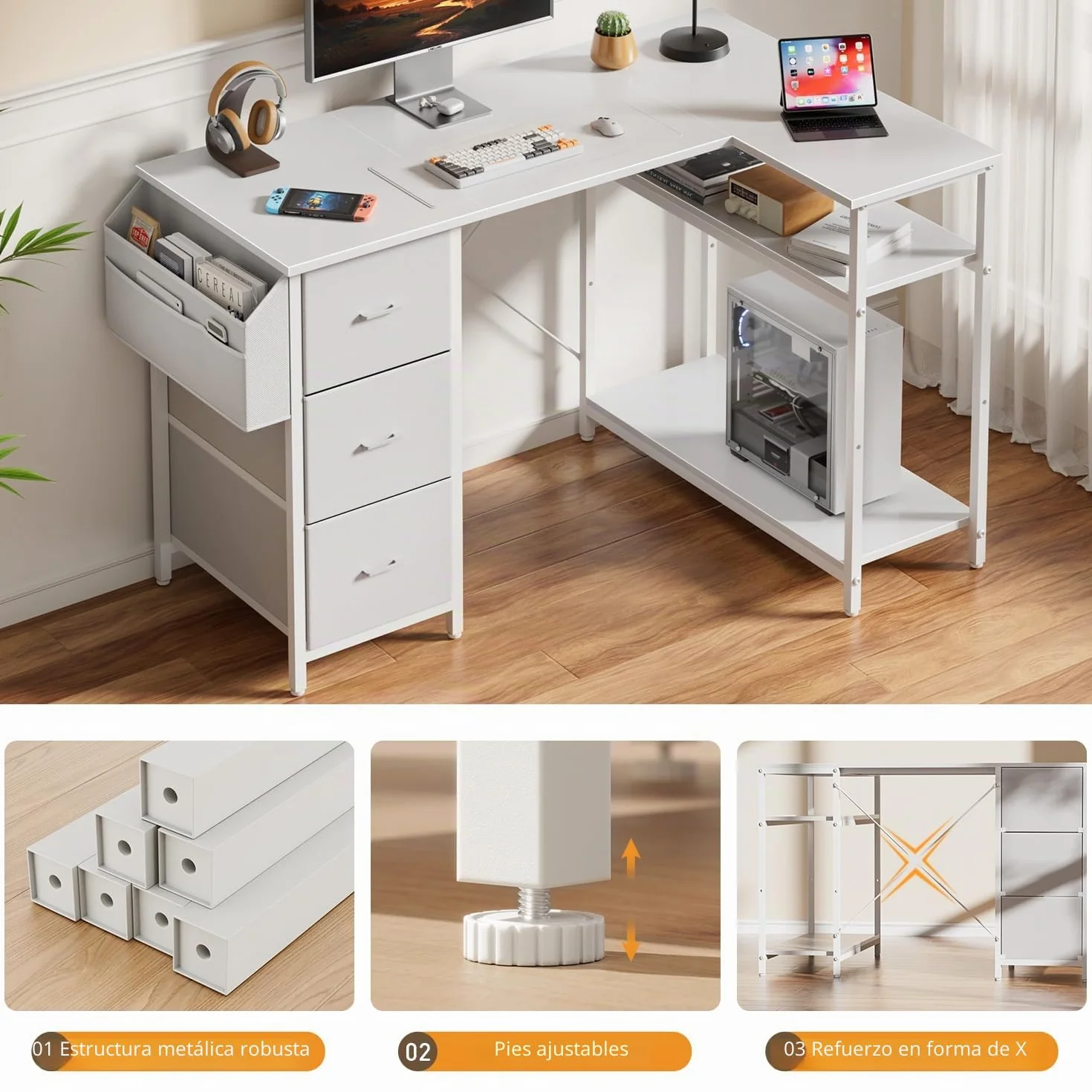 HLONONE Escritorio esquinero con 3 cajones de tela, 140 x 80 cm, escritorio para ordenador con espacio de almacenamiento, escritorio en forma de L con bolsillo lateral, mesa de ordenador con estantes
